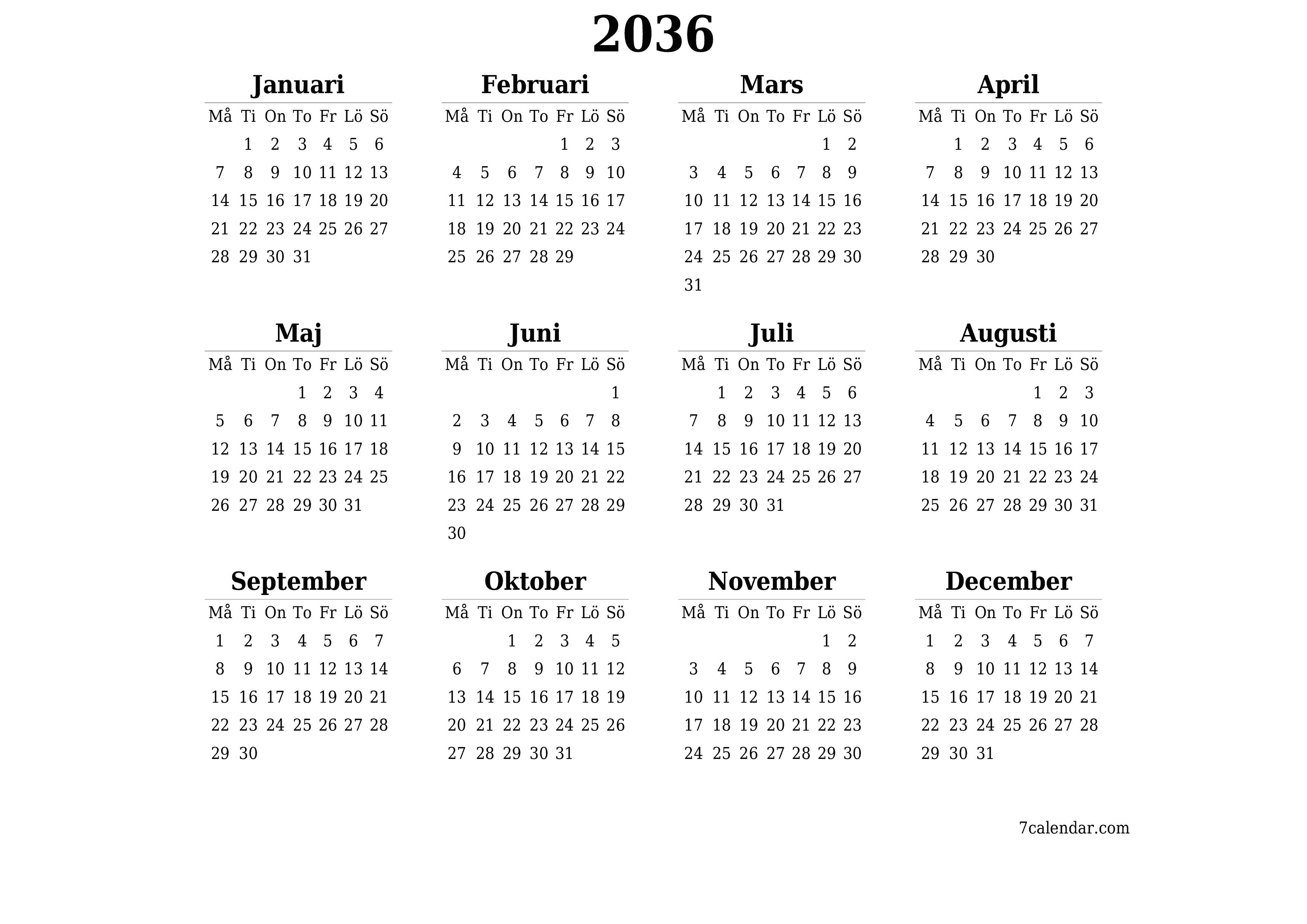 Tom årlig planeringskalender för året 2036 med anteckningar, spara och skriv ut till PDF PNG Swedish