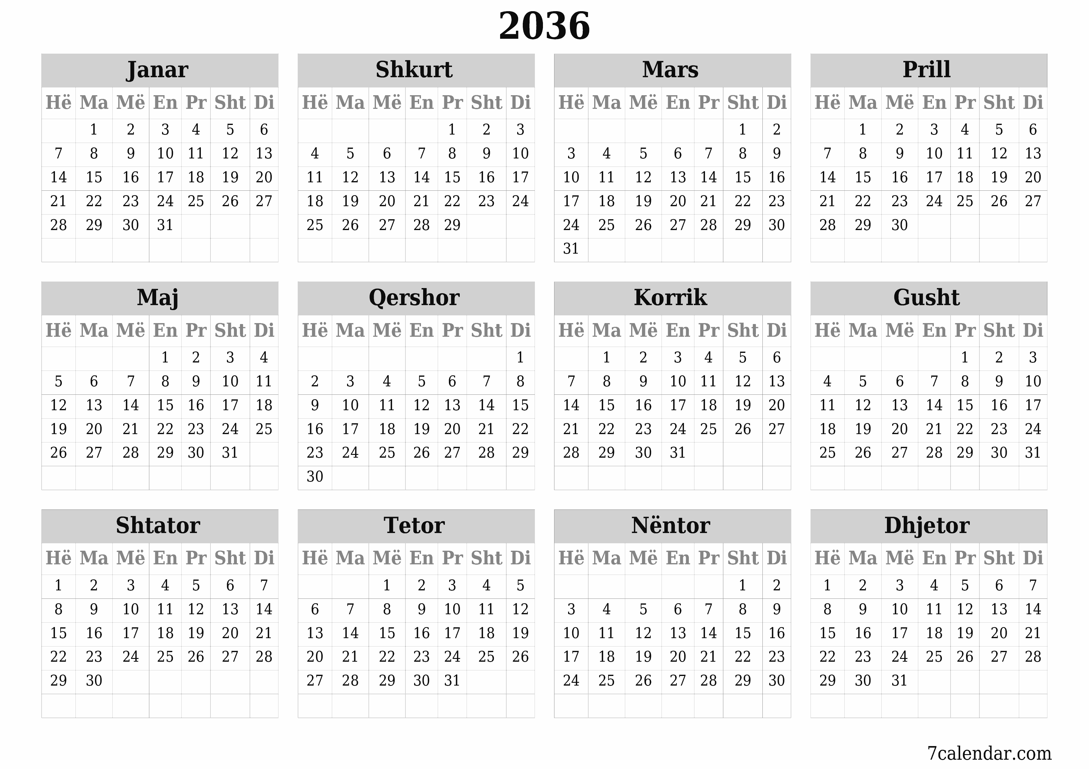 Planifikuesi bosh i kalendarit vjetor për vitin 2036 me shënime, ruani dhe printoni në PDF PNG Albanian