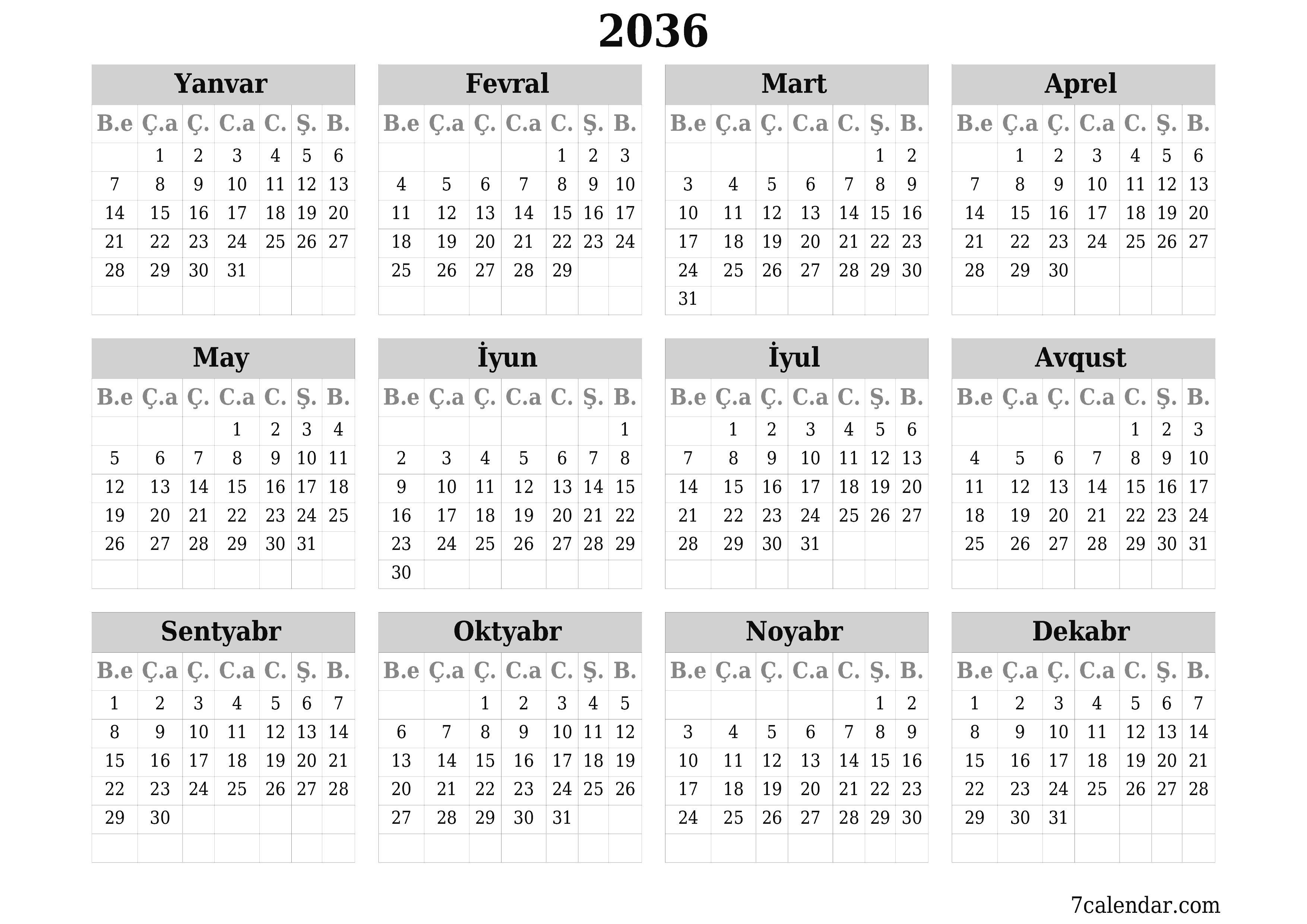 2036 ili üçün illik illik planlayıcı təqvim, qeydlər ilə boş saxlayın, qeyd edin və PDF-ə yazdırın PNG Azerbaijani
