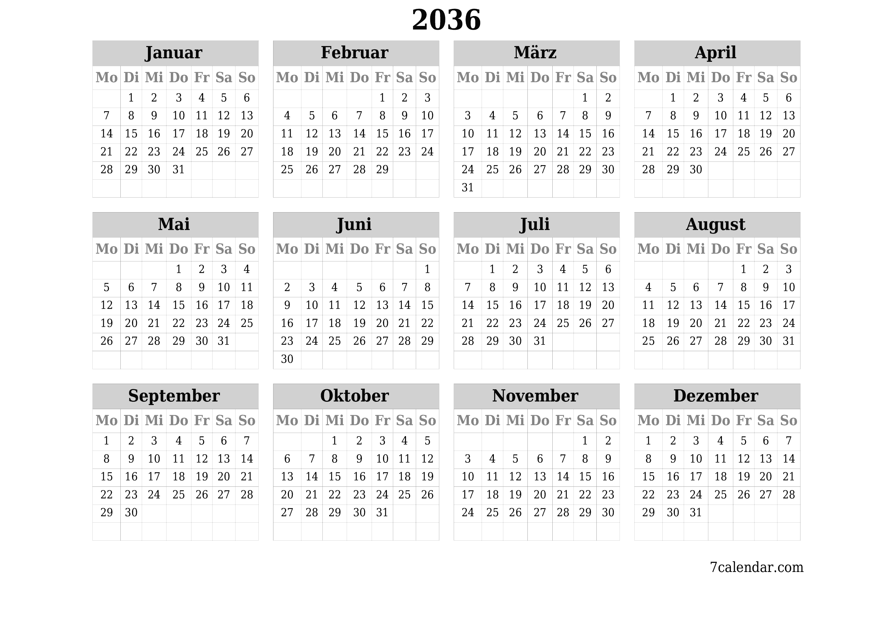 Jahresplanerkalender für das Jahr 2036 mit Notizen leeren, speichern und als PDF PNG German - 7calendar.com drucken