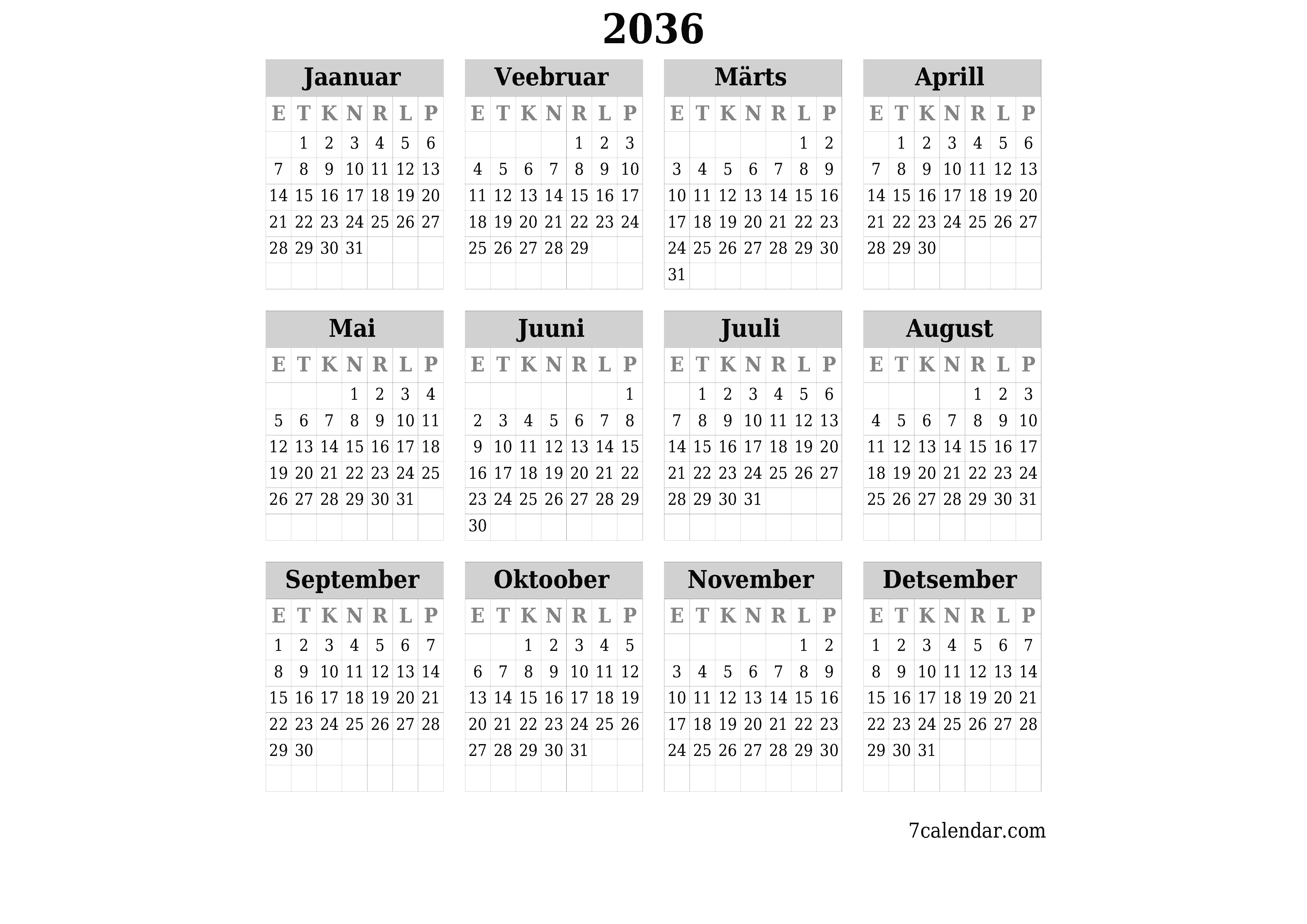 Tühi aasta planeerija kalender aastaks 2036 koos märkmetega, salvestage ja printige PDF-i PNG Estonian