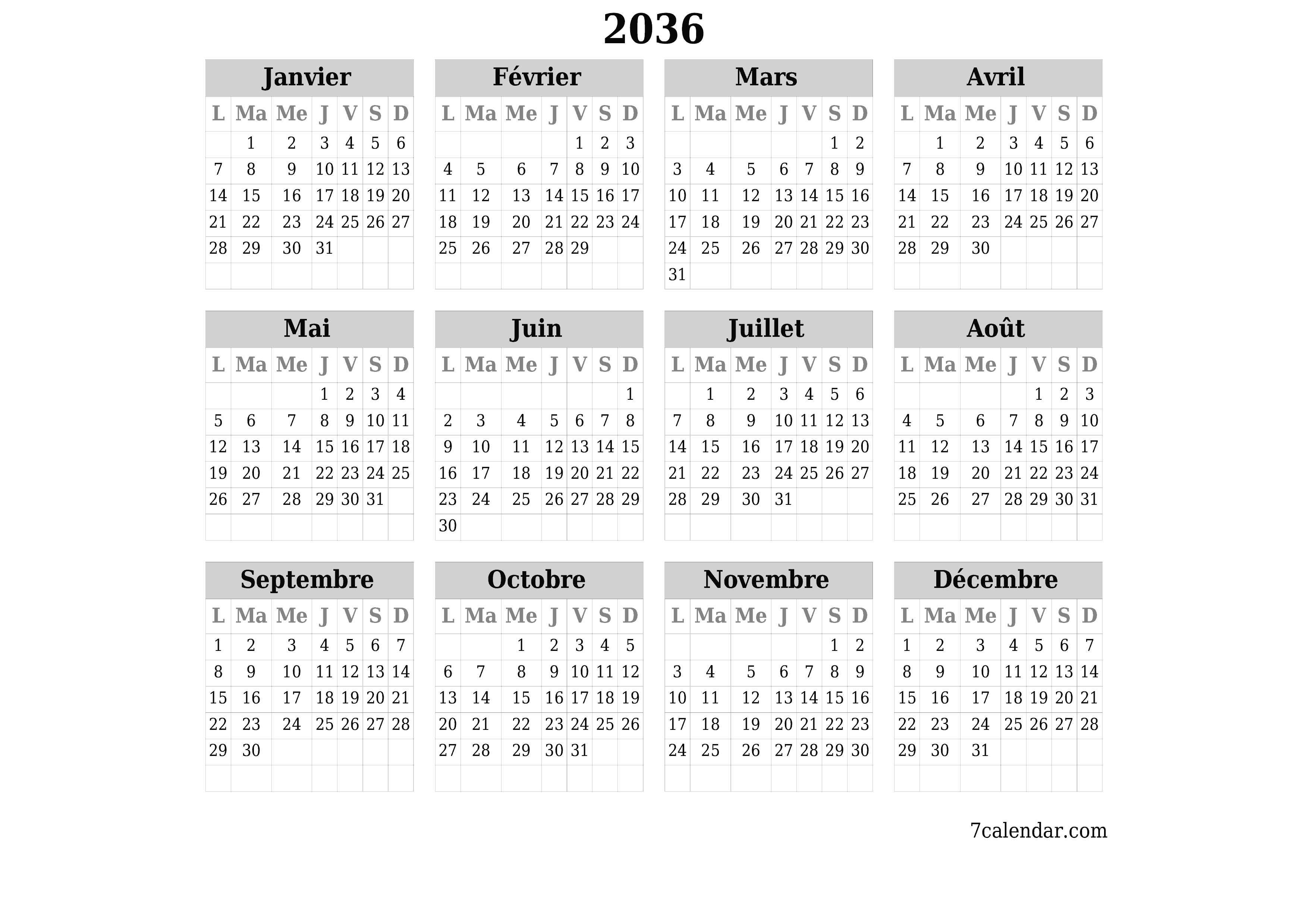 Calendrier annuel vide pour l'année 2036 avec notes, enregistrer et imprimer au format PDF PNG French