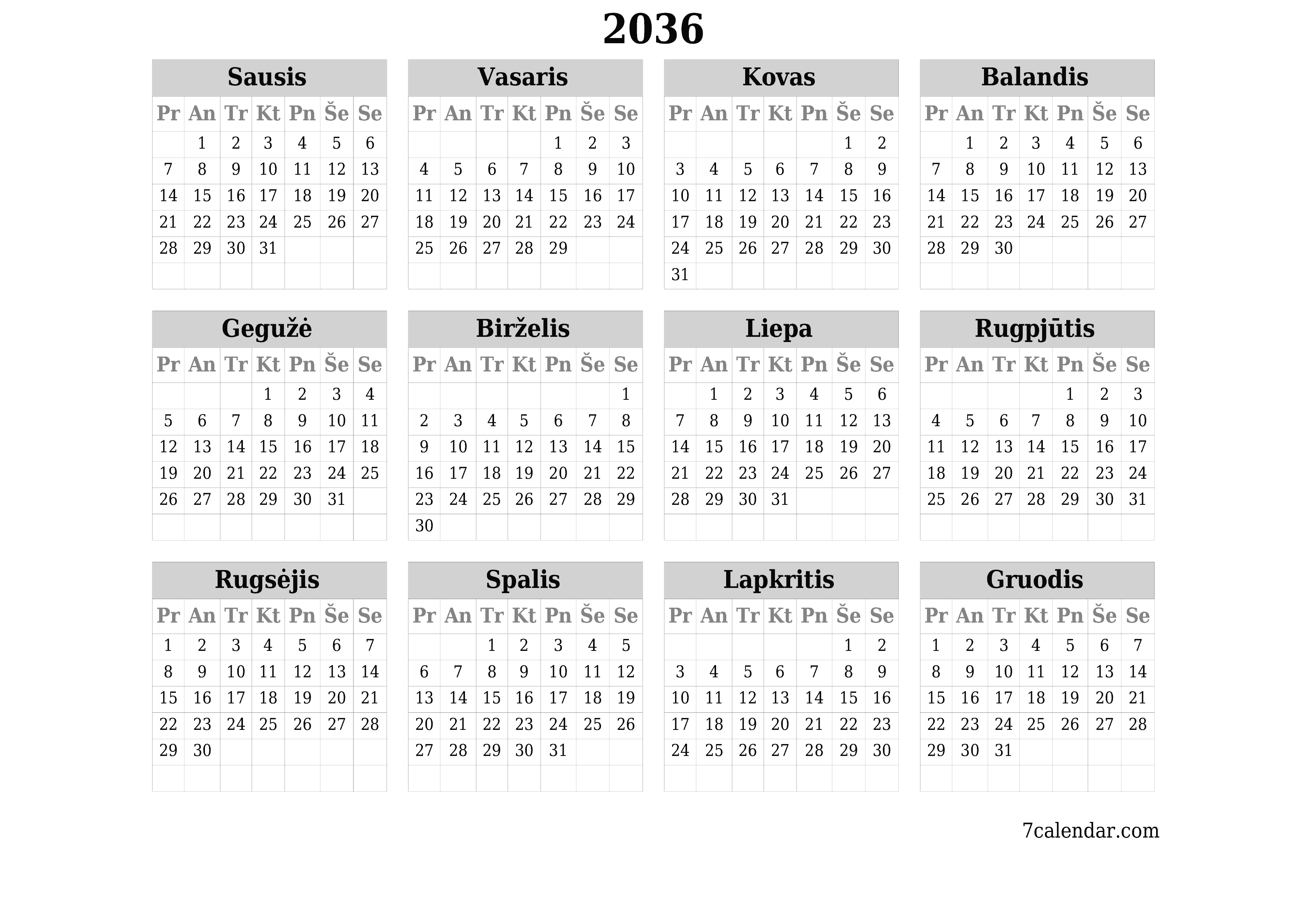 Tuščias metų planavimo kalendorius 2036 su užrašais, išsaugokite ir atsispausdinkite PDF formatu PNG Lithuanian