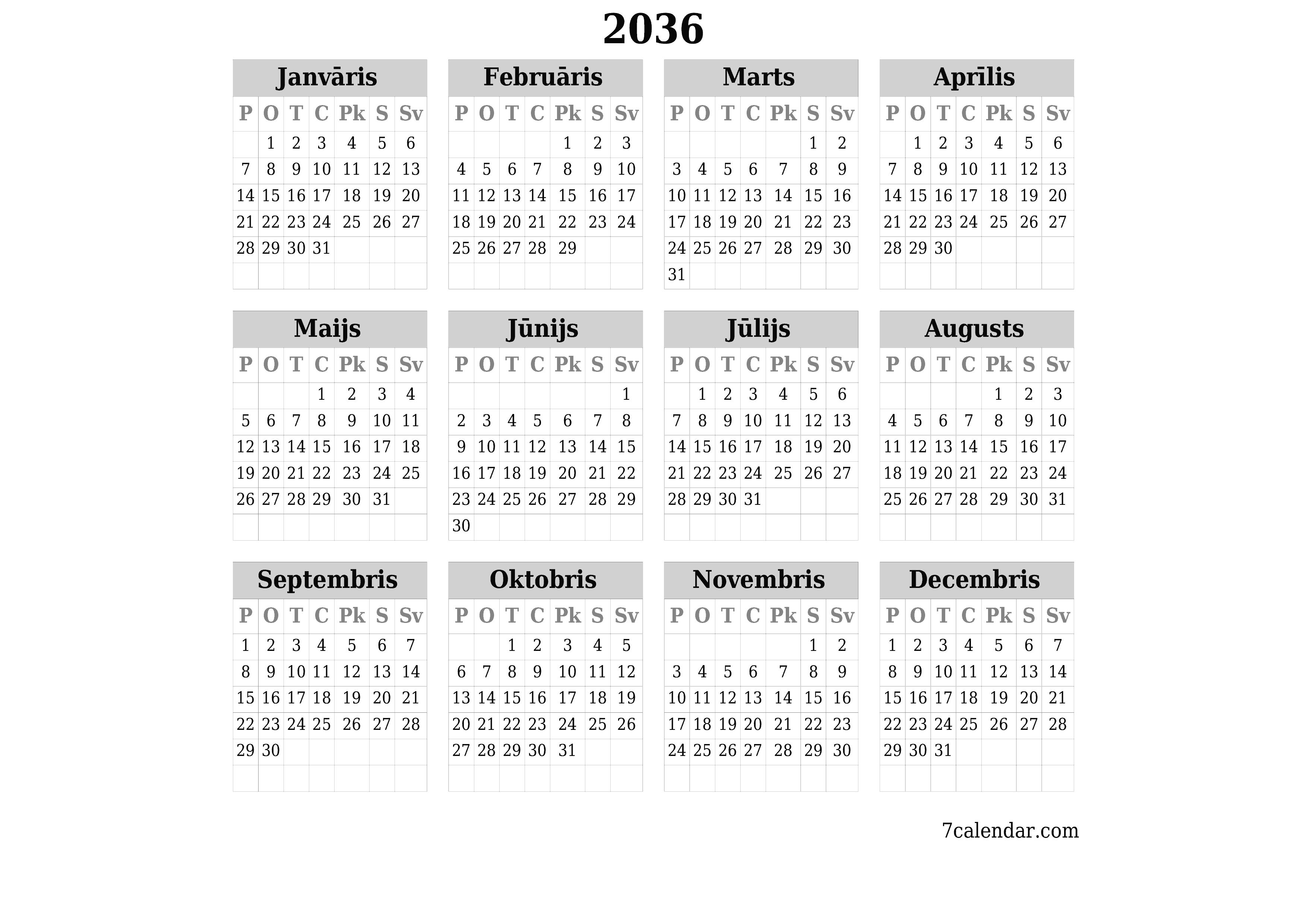 Tukšs gada plānotāja kalendārs gadam 2036 ar piezīmēm, saglabāšana un izdrukāšana PDF formātā PNG Latvian