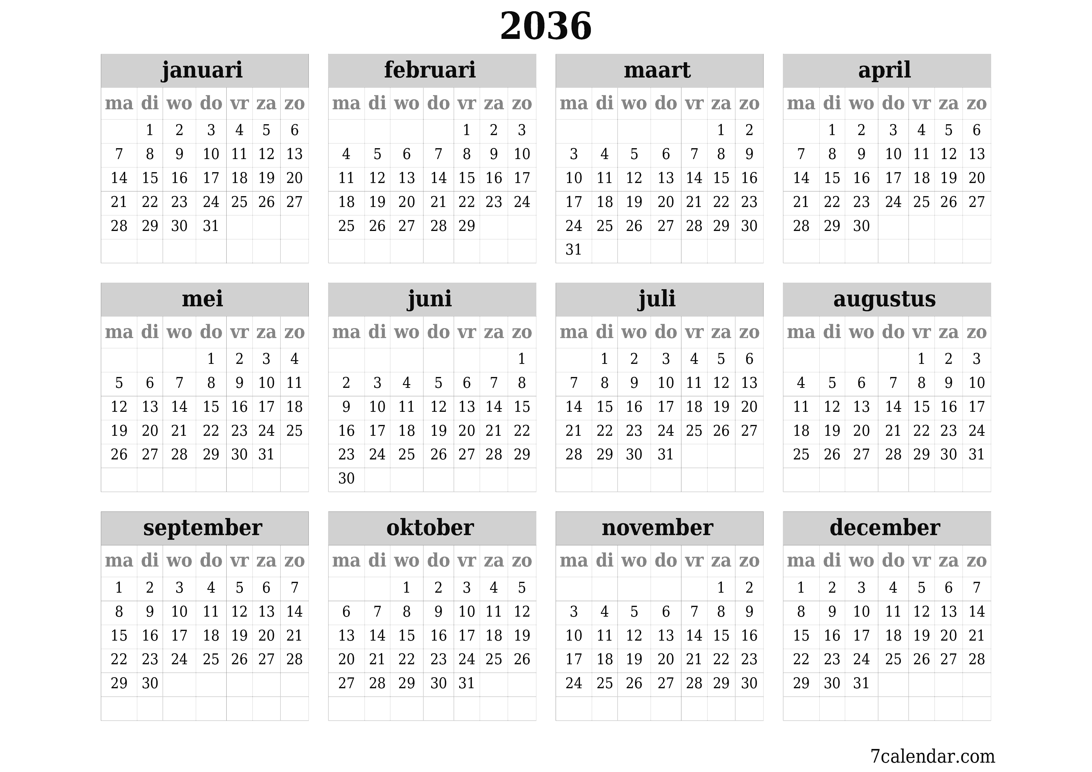 Lege jaarplanningskalender voor het jaar 2036 met notities, opslaan en afdrukken naar pdf PNG Dutch