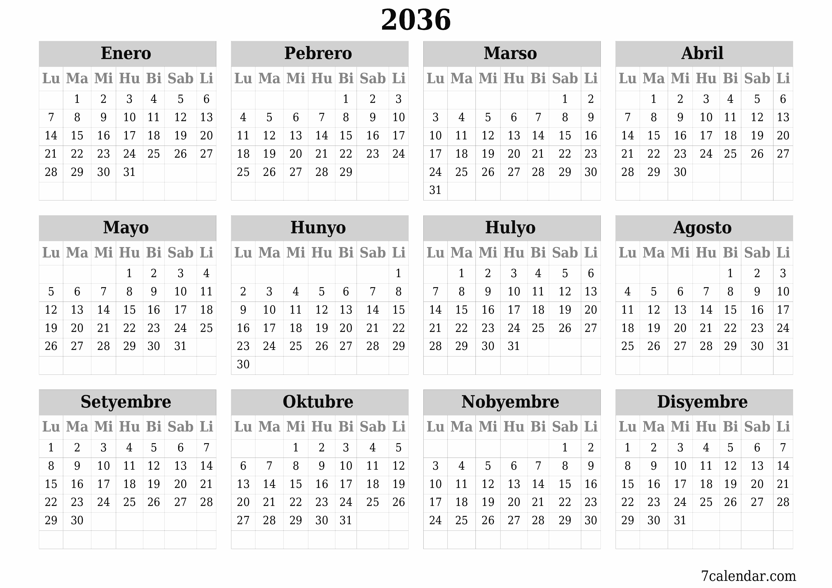 Walang laman ang taunang kalendaryo ng tagaplano para sa taong 2036 na may mga tala, i-save at i-print sa PDF PNG Filipino