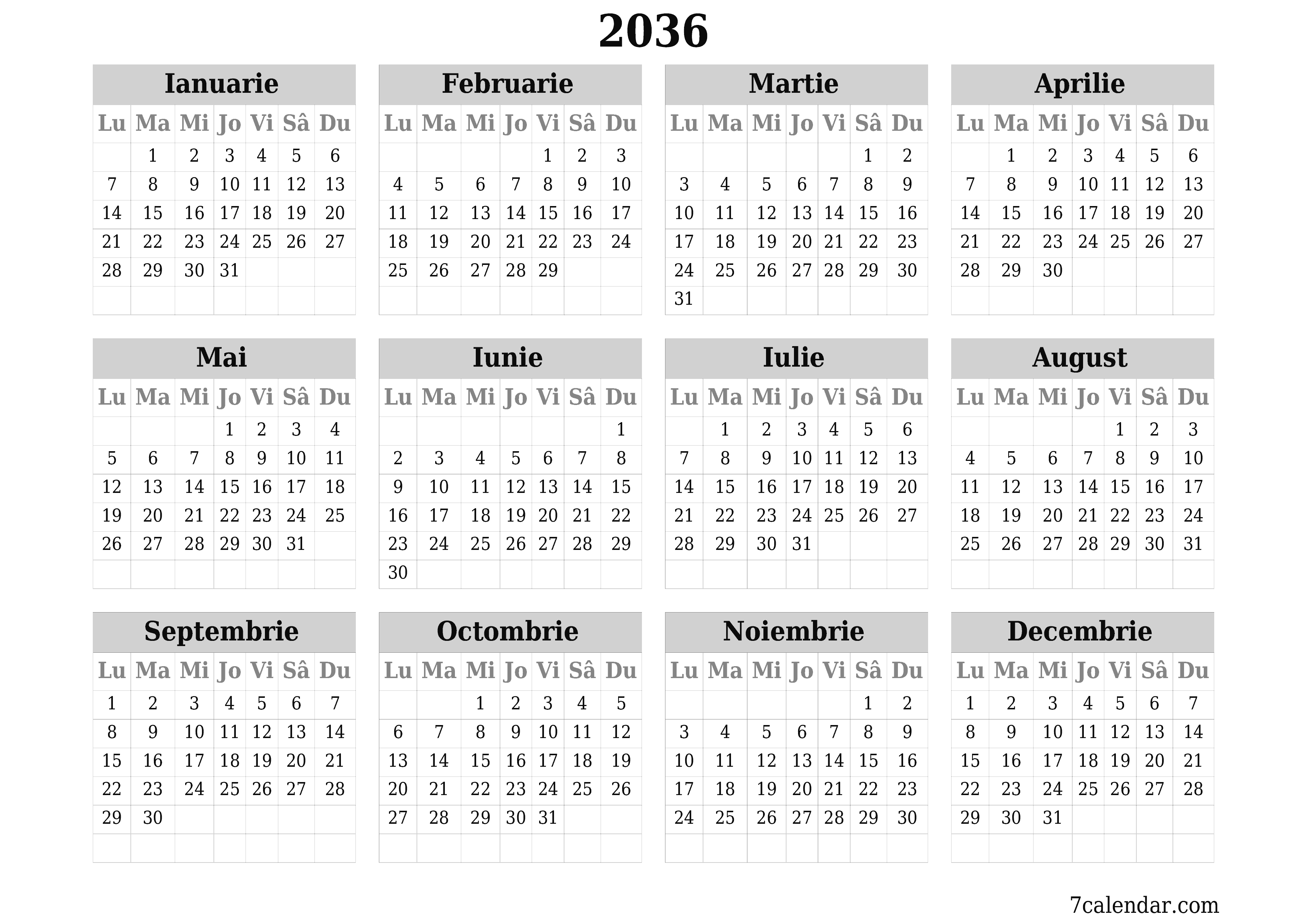 Goliți calendarul anual al planificatorului pentru anul 2036 cu note, salvați și tipăriți în PDF PNG Romanian