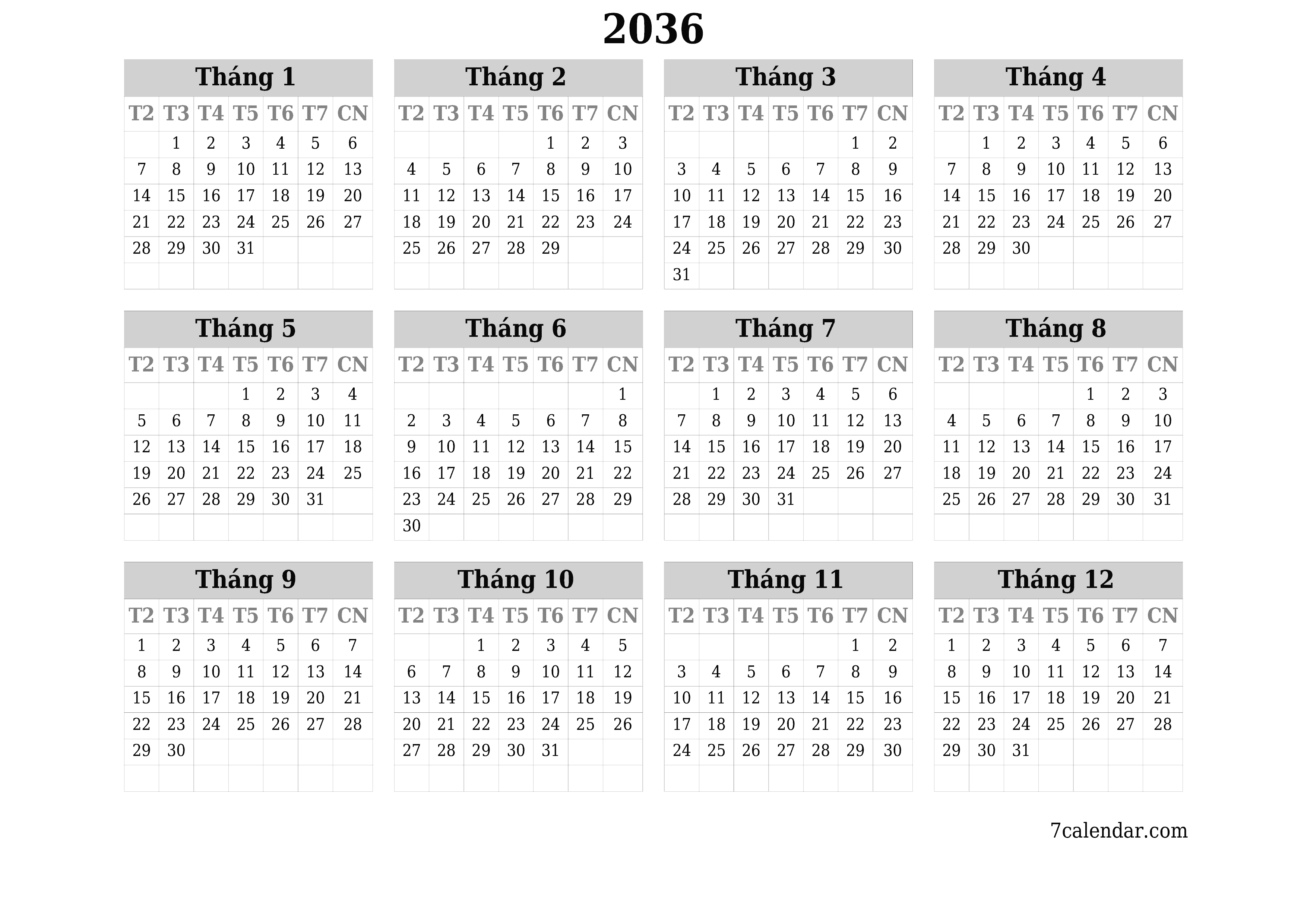 Lịch kế hoạch hàng năm trống cho năm 2036 có ghi chú, lưu và in sang PDF PNG Vietnamese