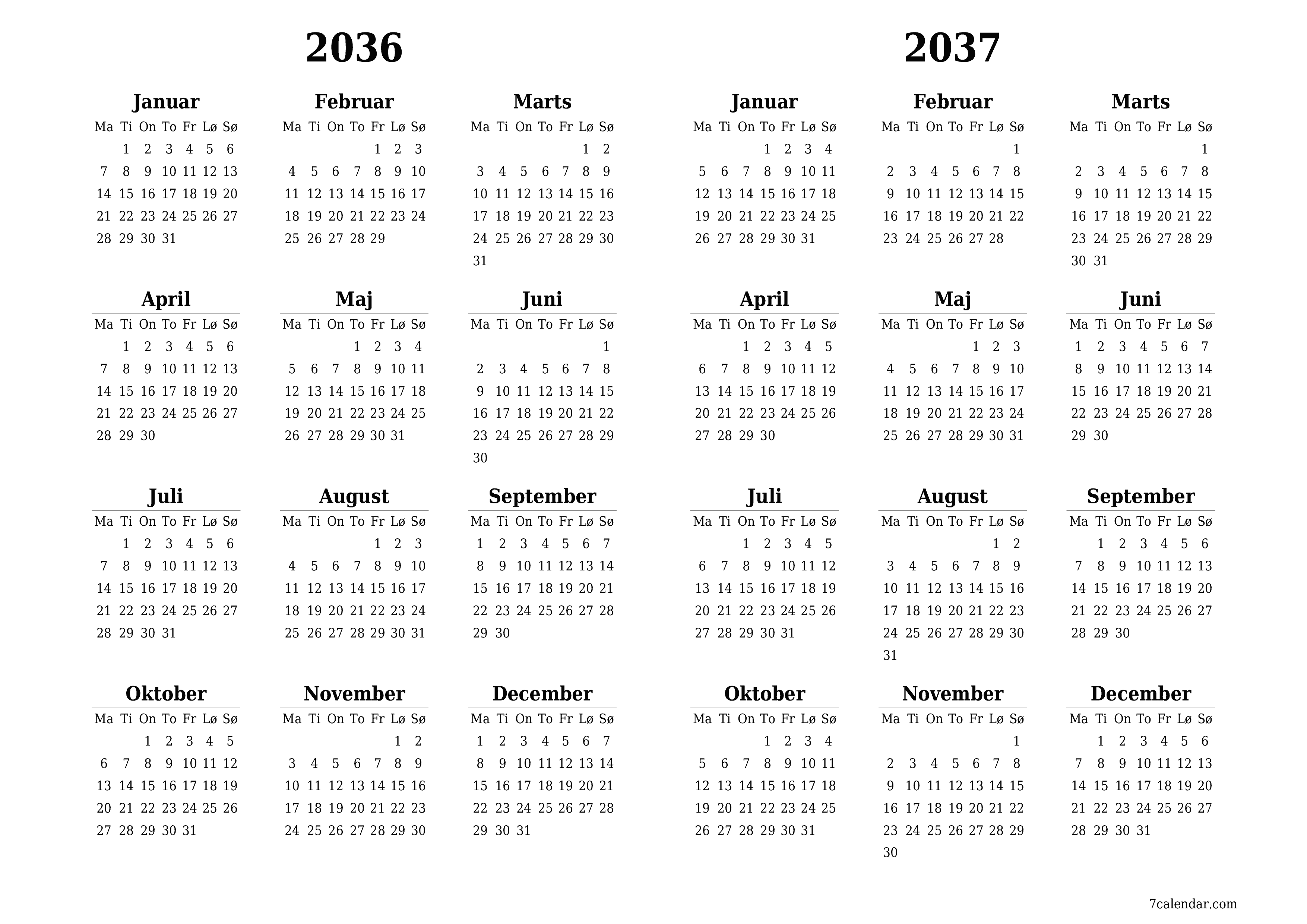 Tom årlig planlægningskalender for året 2036, 2037 med noter, gem og udskriv til PDF PNG Danish