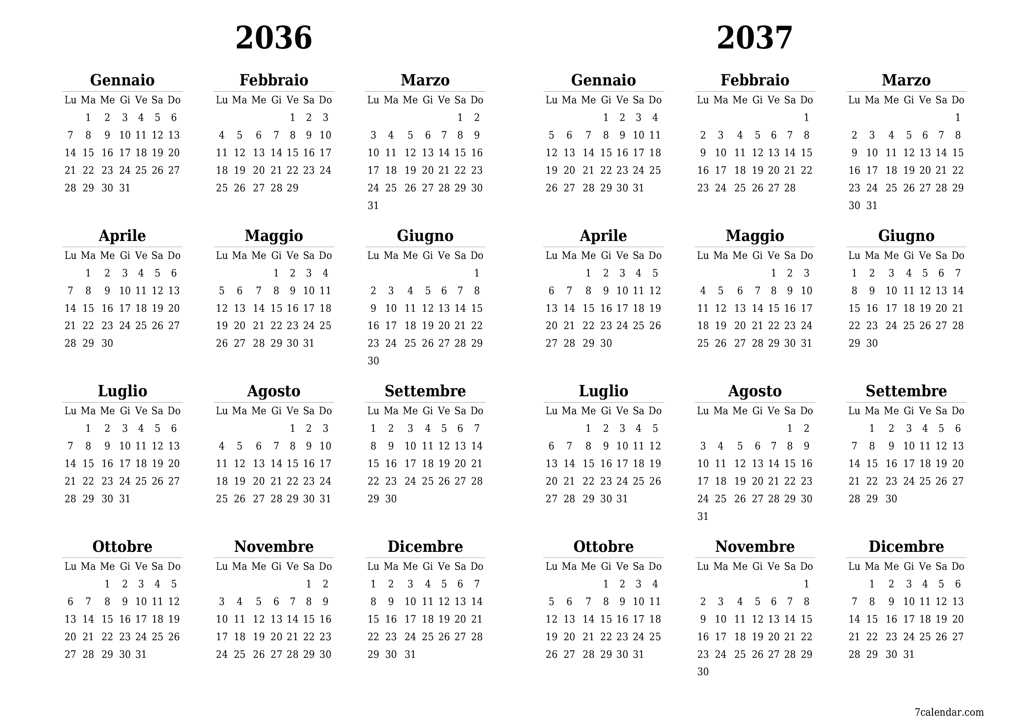 Calendario pianificatore annuale vuoto per l'anno 2036, 2037 con note, salva e stampa in PDF PNG Italian