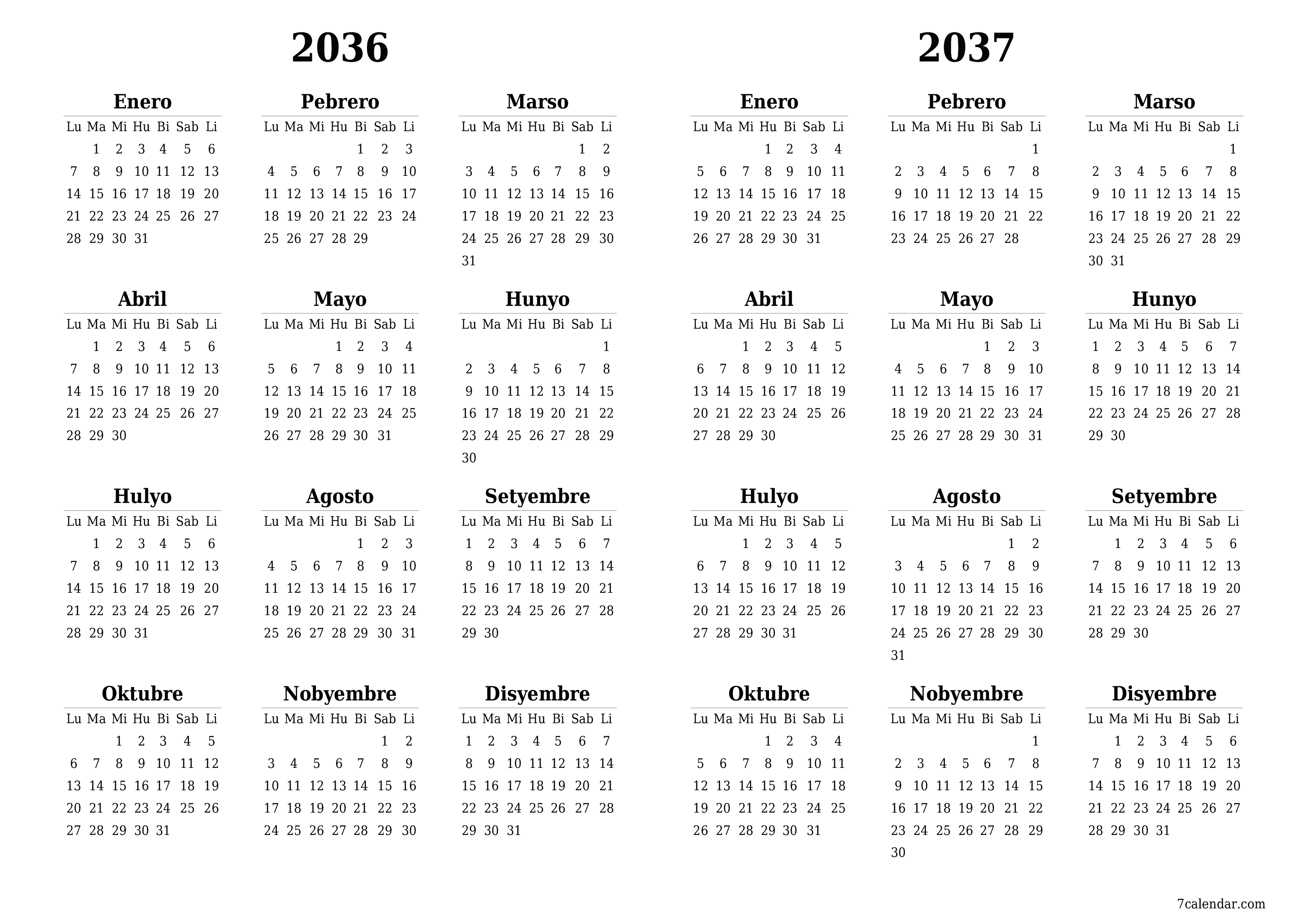 Walang laman ang taunang kalendaryo ng tagaplano para sa taong 2036, 2037 na may mga tala, i-save at i-print sa PDF PNG Filipino