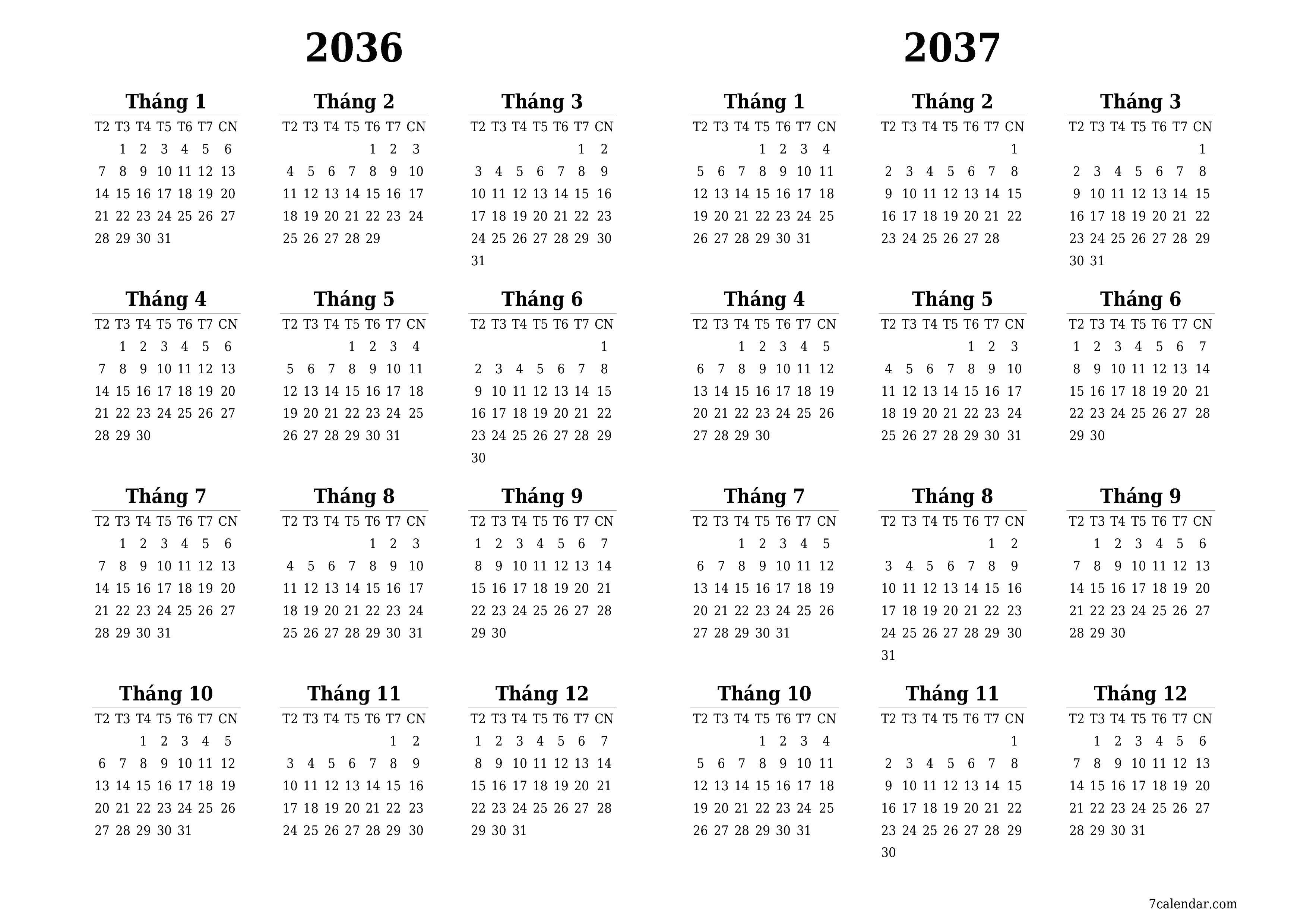 Lịch kế hoạch hàng năm trống cho năm 2036, 2037 có ghi chú, lưu và in sang PDF PNG Vietnamese