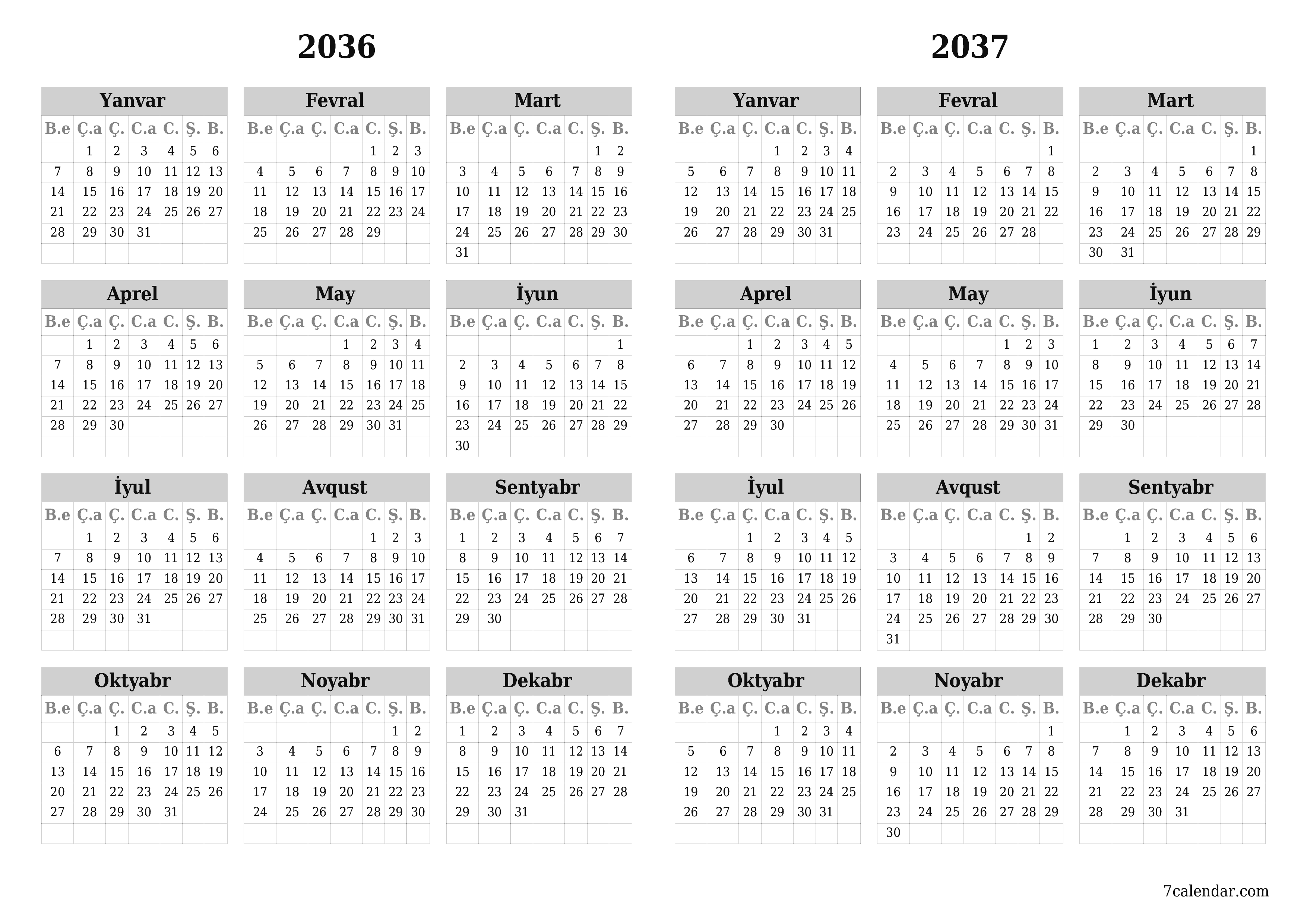 2036, 2037 ili üçün illik illik planlayıcı təqvim, qeydlər ilə boş saxlayın, qeyd edin və PDF-ə yazdırın PNG Azerbaijani