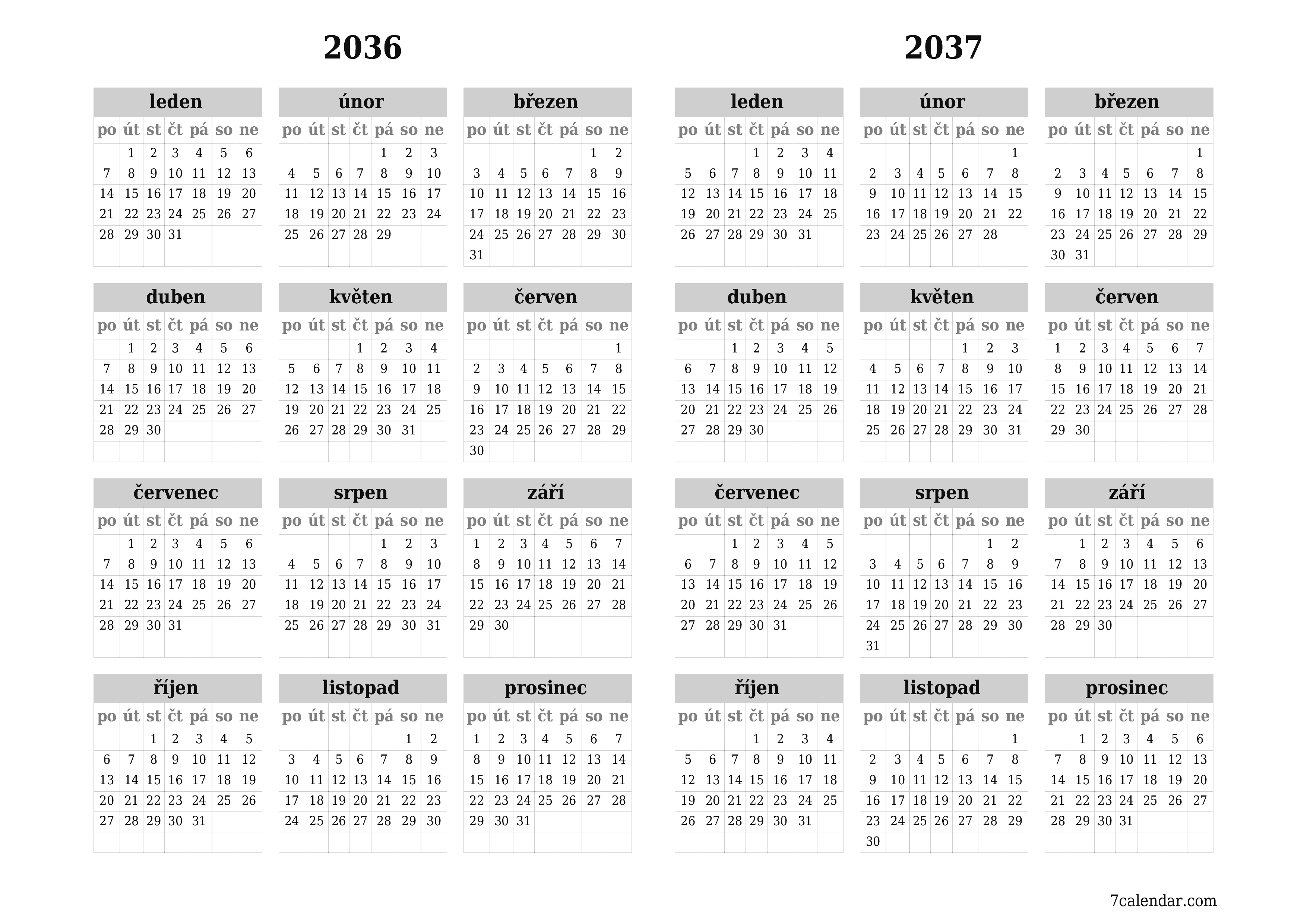 Prázdný roční kalendář plánovače pro rok 2036, 2037 s poznámkami, uložením a tiskem do PDF PNG Czech