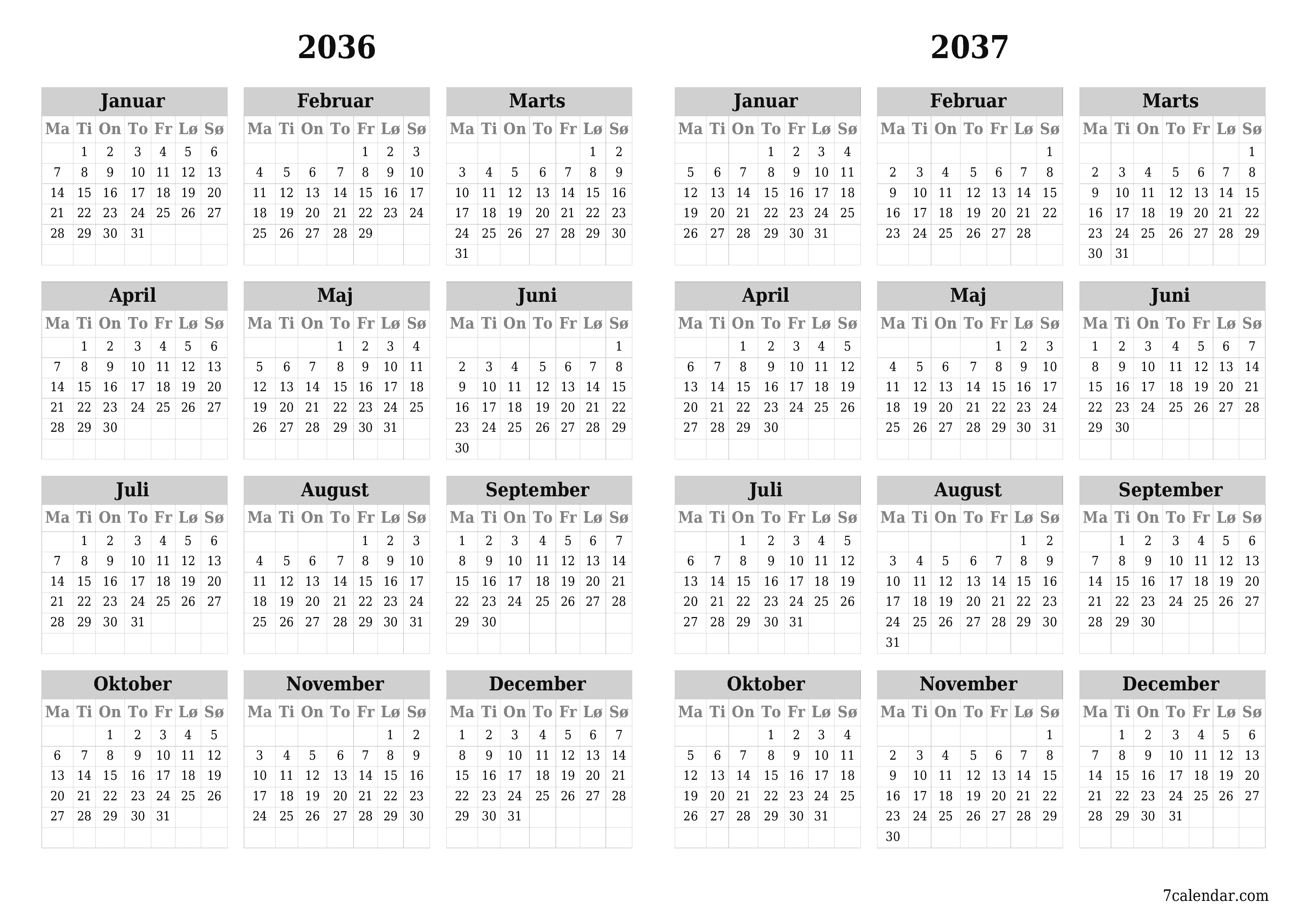 Tom årlig planlægningskalender for året 2036, 2037 med noter, gem og udskriv til PDF PNG Danish