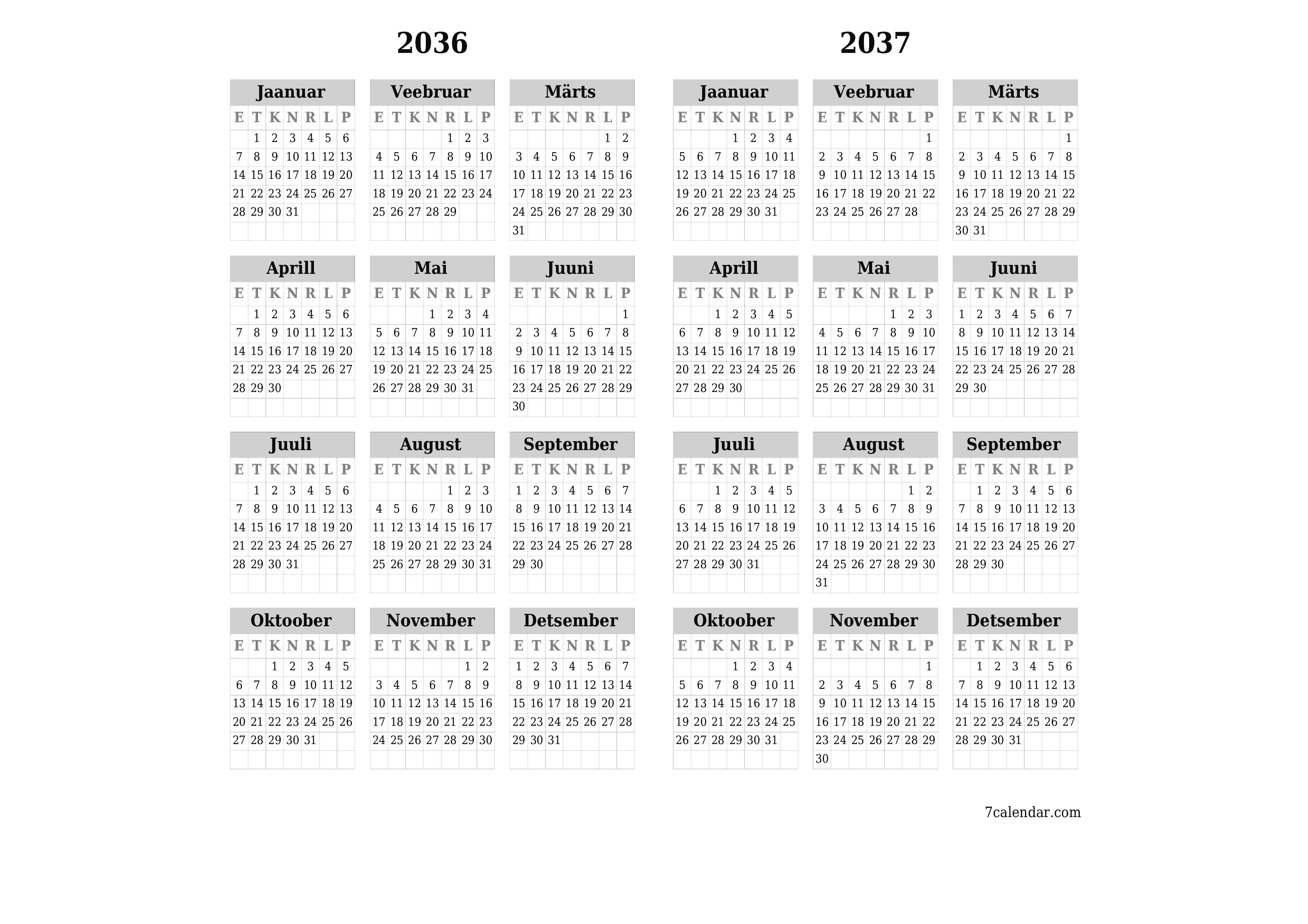 Tühi aasta planeerija kalender aastaks 2036, 2037 koos märkmetega, salvestage ja printige PDF-i PNG Estonian