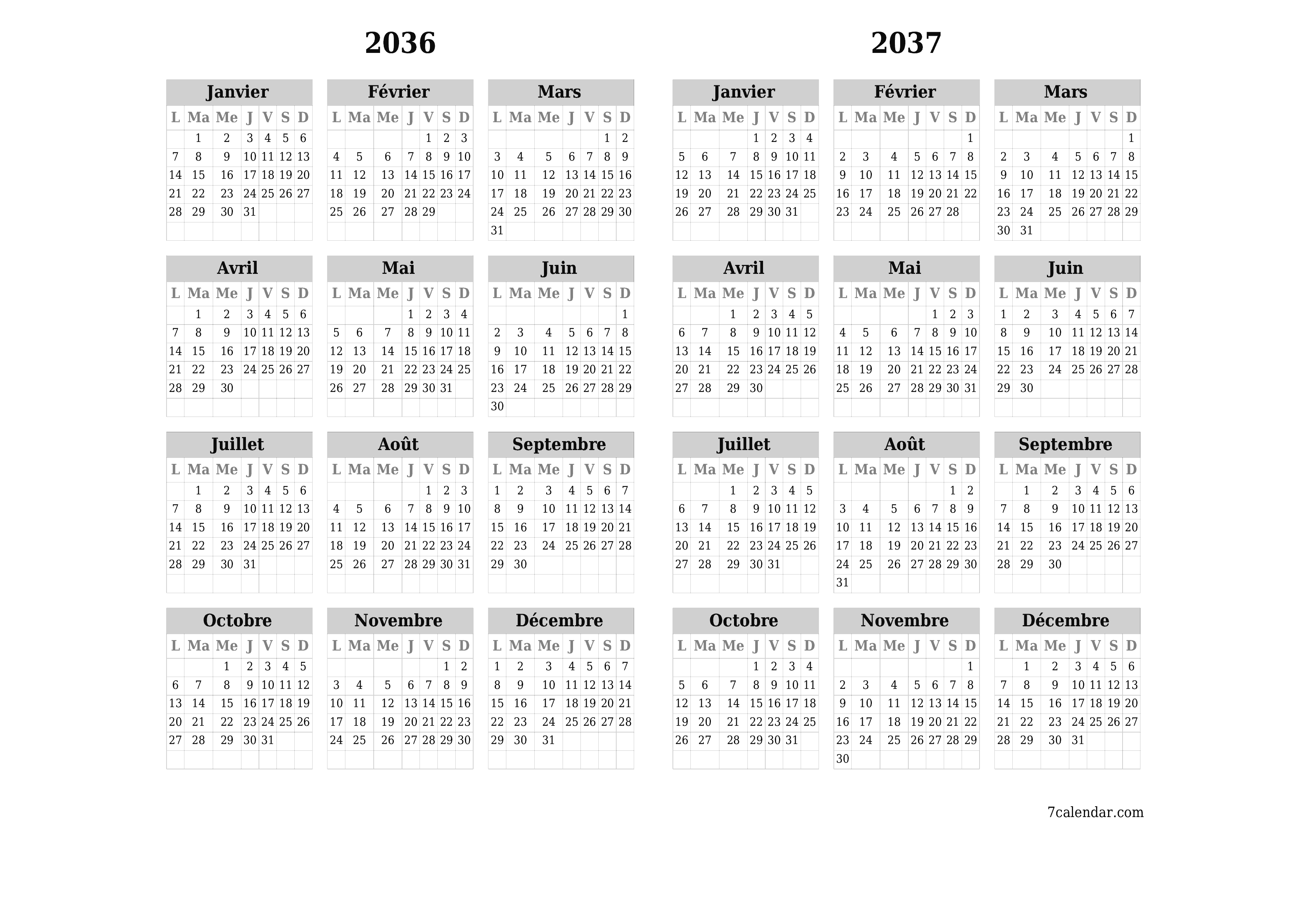 Calendrier annuel vide pour l'année 2036, 2037 avec notes, enregistrer et imprimer au format PDF PNG French