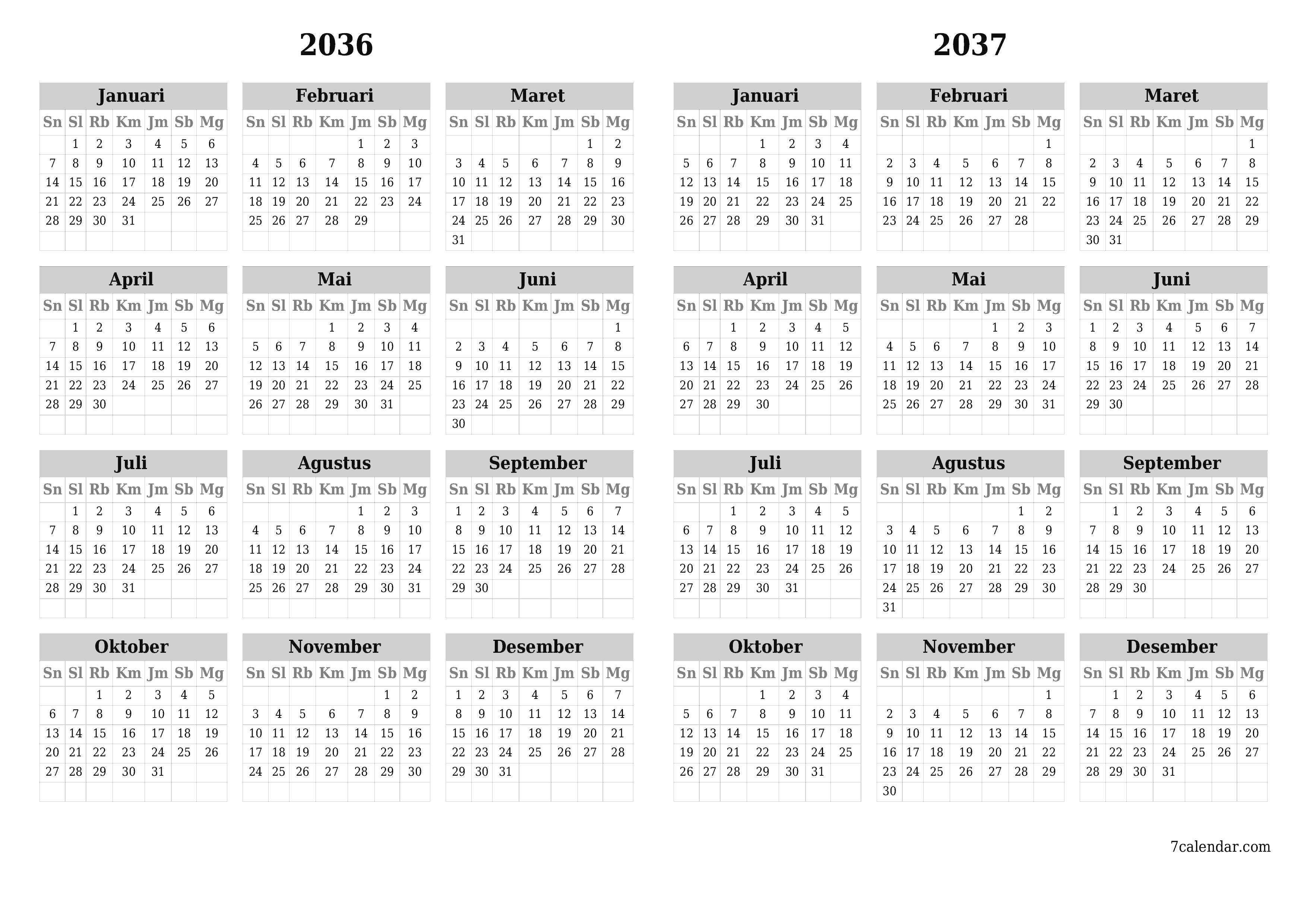 Kosongkan kalender perencana tahunan untuk tahun ini 2036, 2037 dengan catatan, simpan dan cetak ke PDF PNG Indonesian