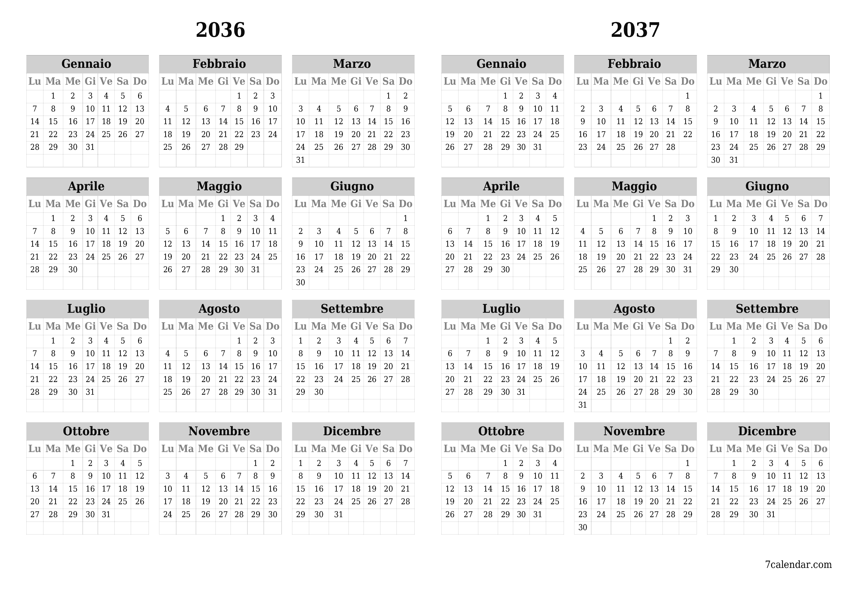 Calendario pianificatore annuale vuoto per l'anno 2036, 2037 con note, salva e stampa in PDF PNG Italian