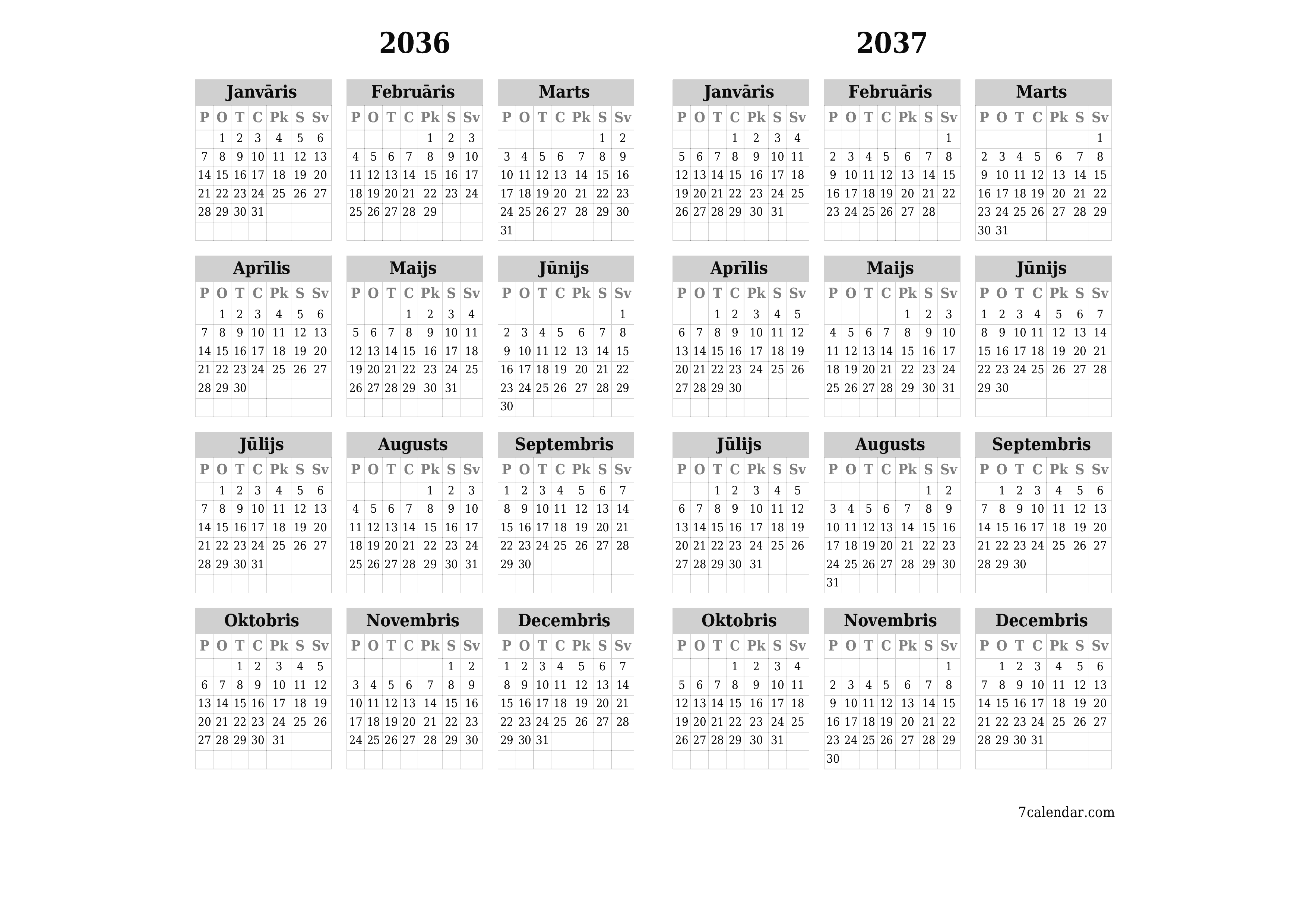 Tukšs gada plānotāja kalendārs gadam 2036, 2037 ar piezīmēm, saglabāšana un izdrukāšana PDF formātā PNG Latvian