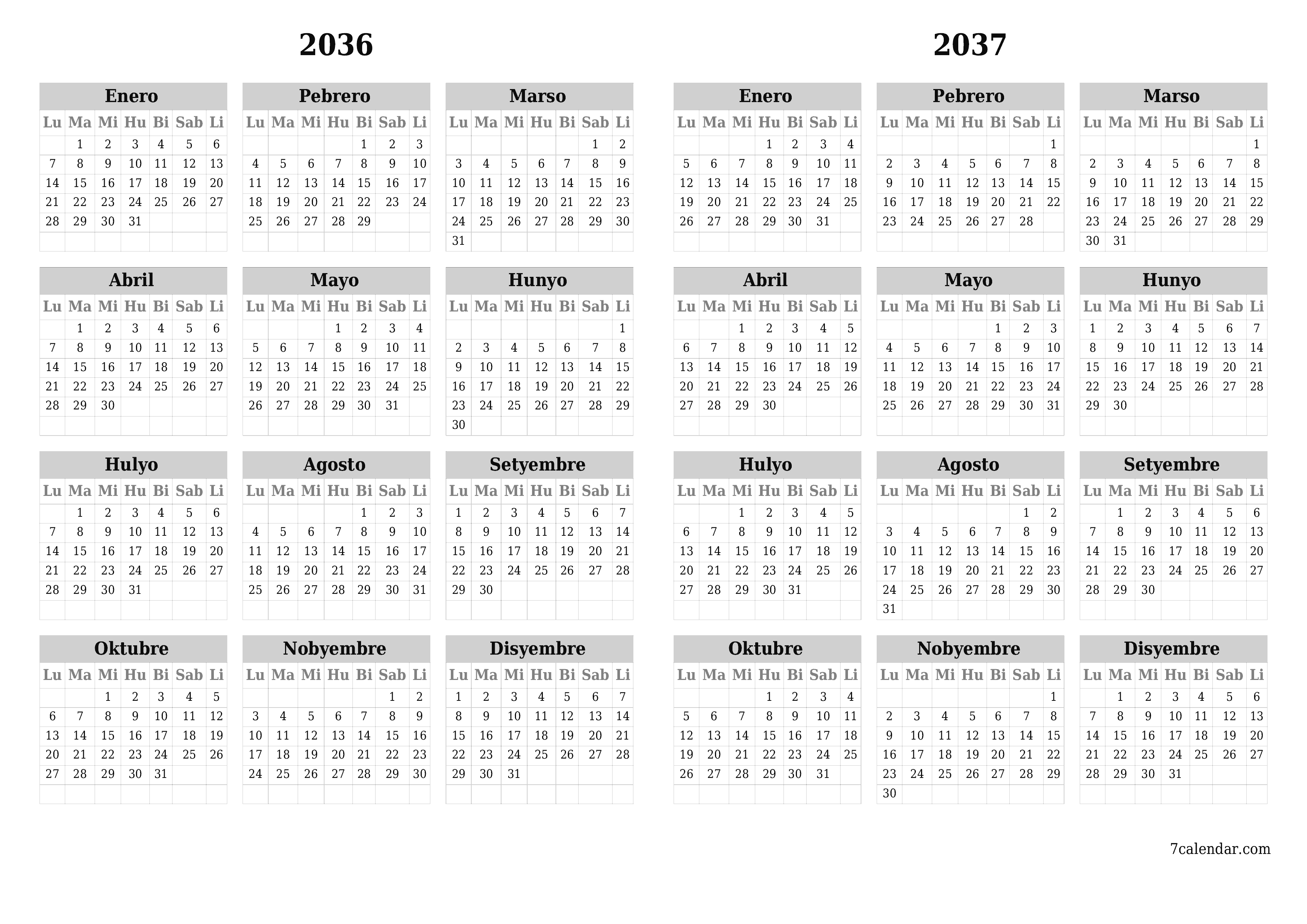 Walang laman ang taunang kalendaryo ng tagaplano para sa taong 2036, 2037 na may mga tala, i-save at i-print sa PDF PNG Filipino