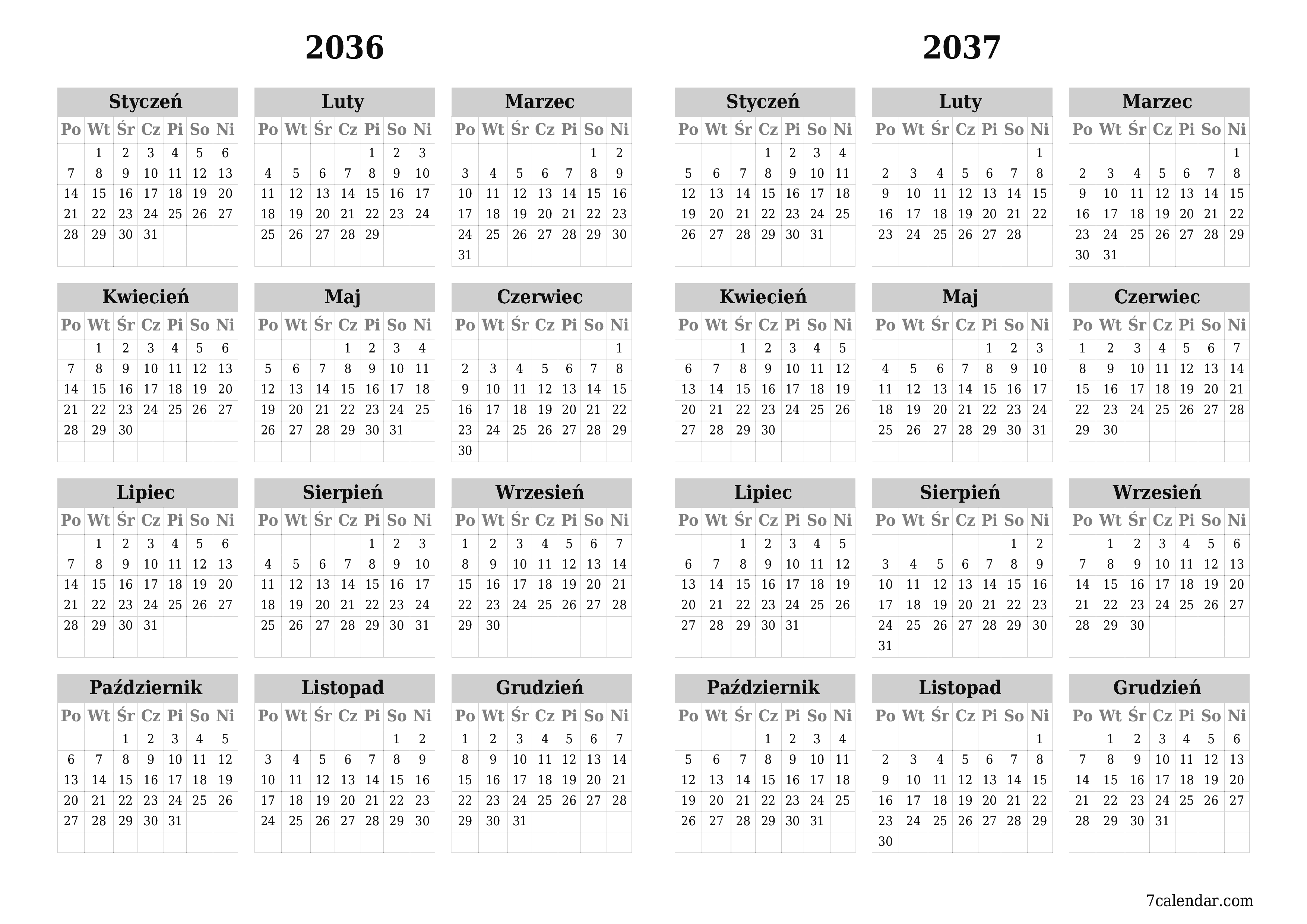 Opróżnij kalendarz rocznego planowania na rok 2036, 2037 z notatkami, zapisz i wydrukuj w formacie PDF PNG Polish