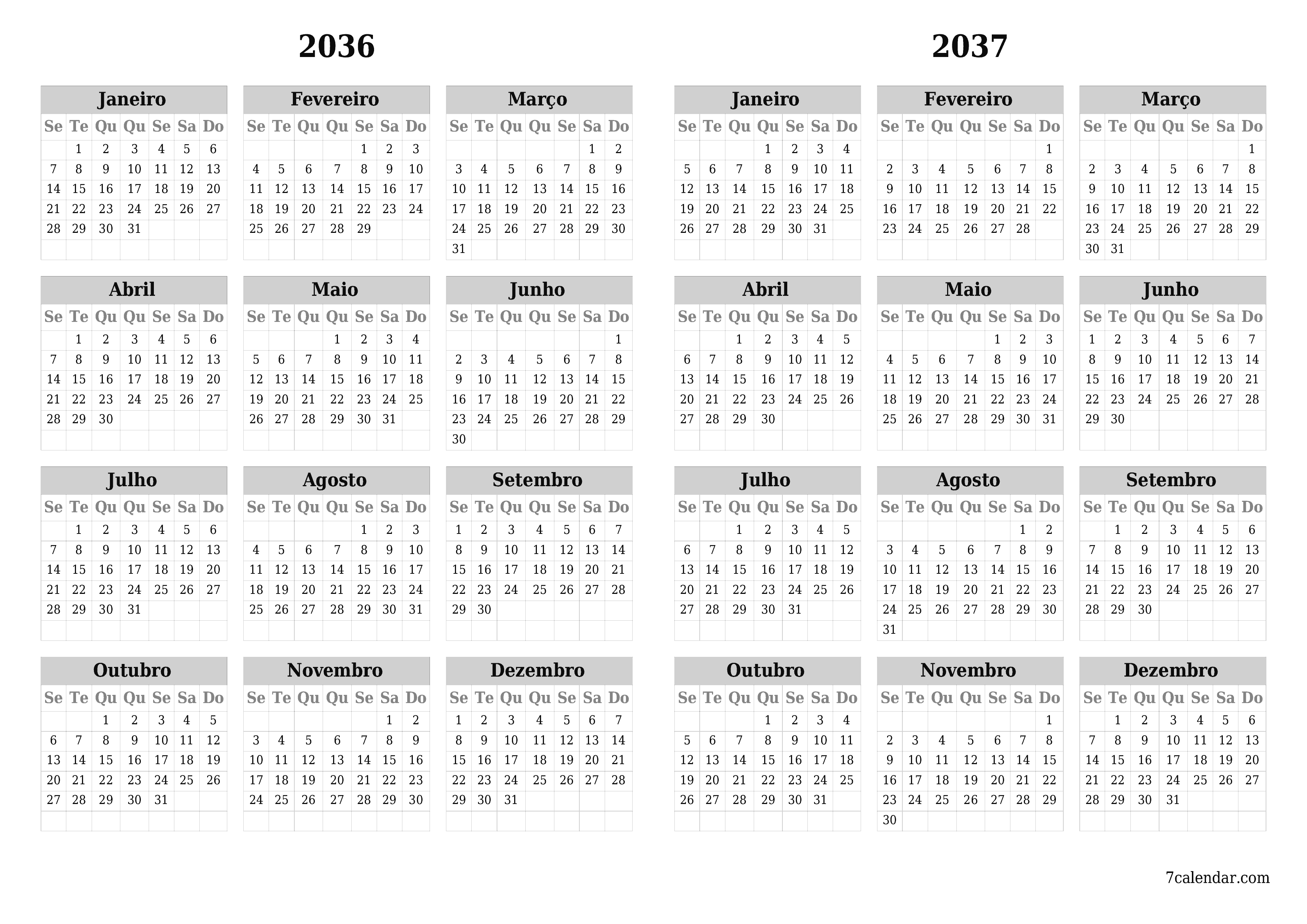 Calendário de planejador anual vazio para o ano 2036, 2037 com notas, salve e imprima em PDF PNG Portuguese