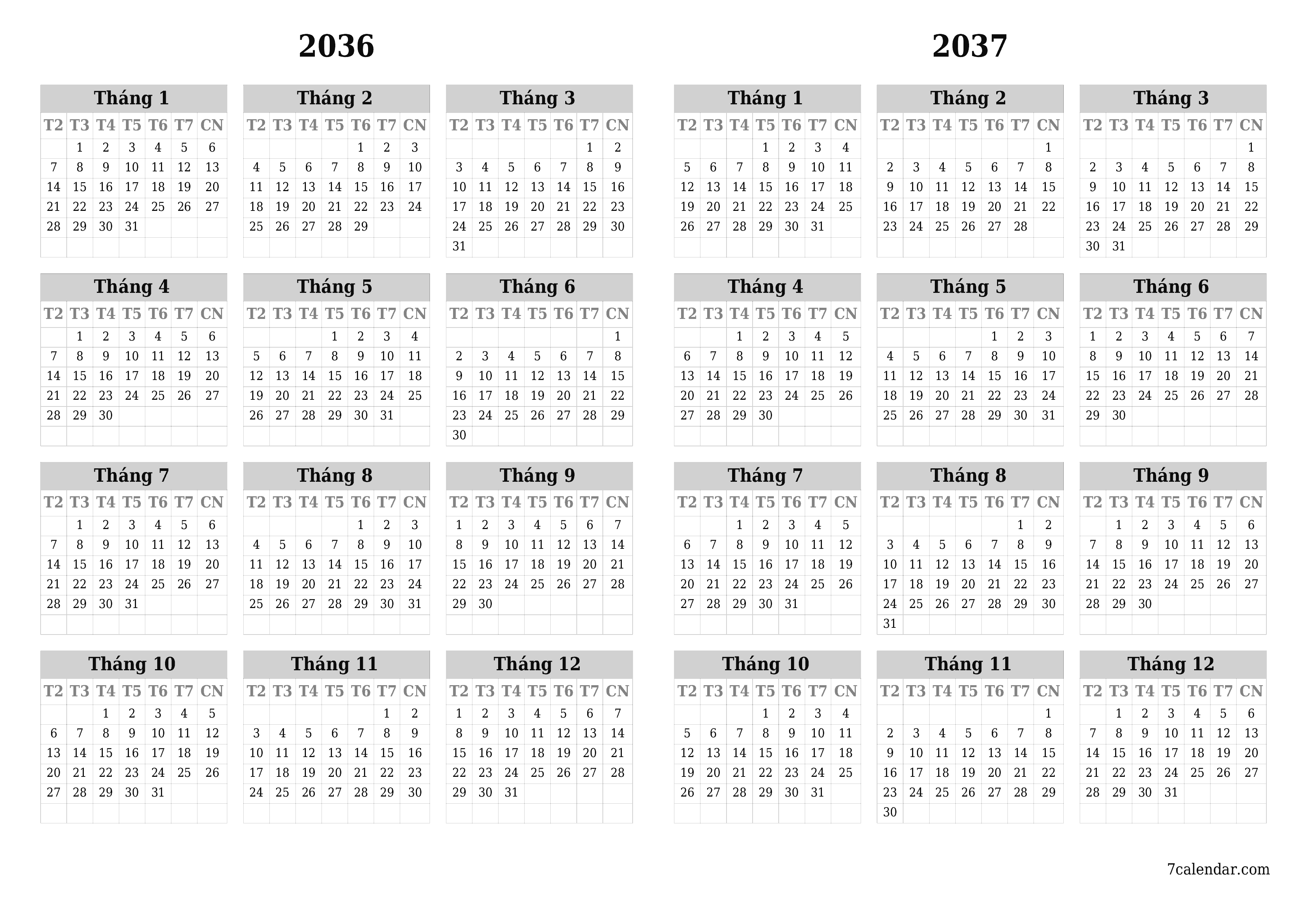 Lịch kế hoạch hàng năm trống cho năm 2036, 2037 có ghi chú, lưu và in sang PDF PNG Vietnamese