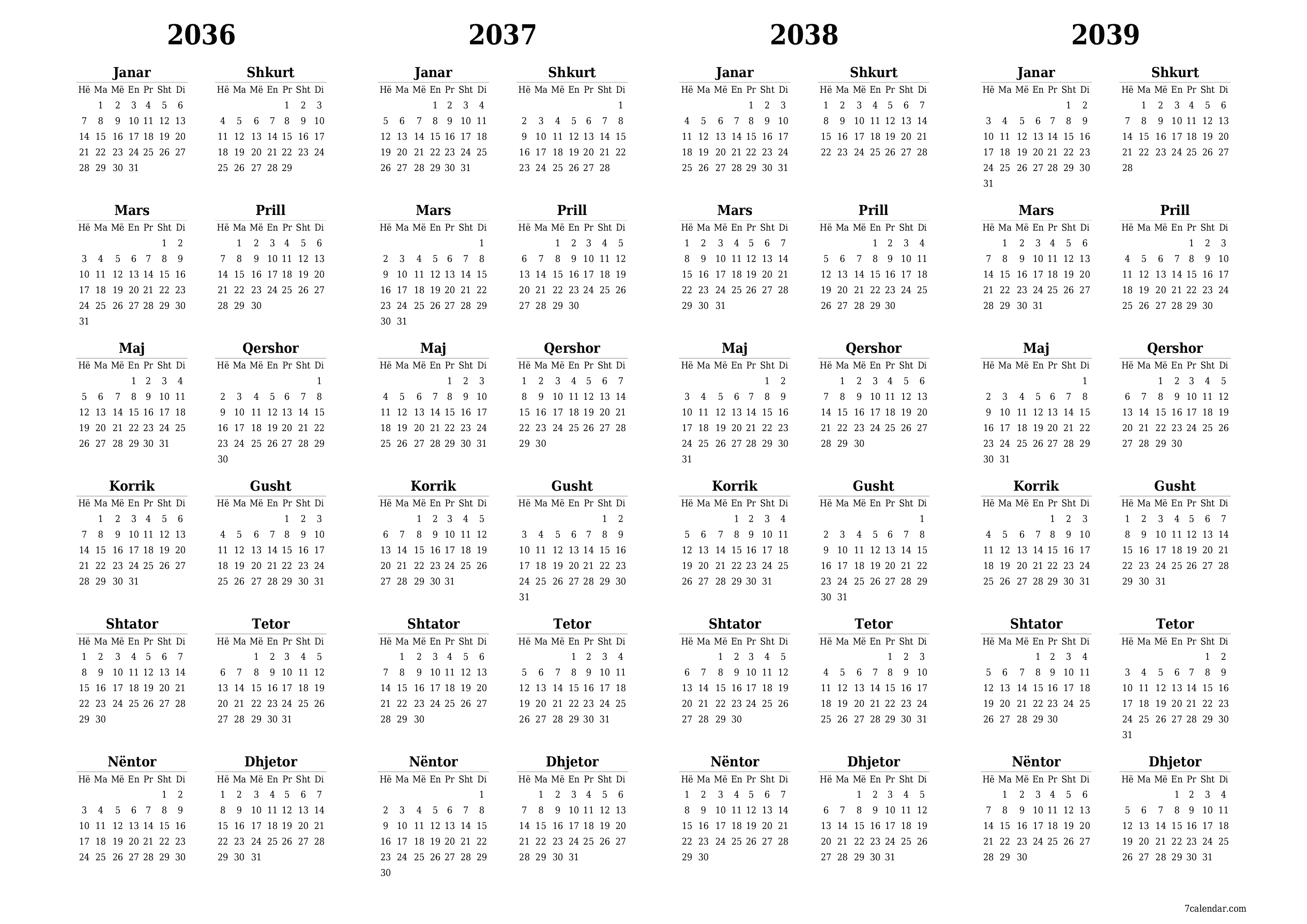 Planifikuesi bosh i kalendarit vjetor për vitin 2036, 2037, 2038, 2039 me shënime, ruani dhe printoni në PDF PNG Albanian