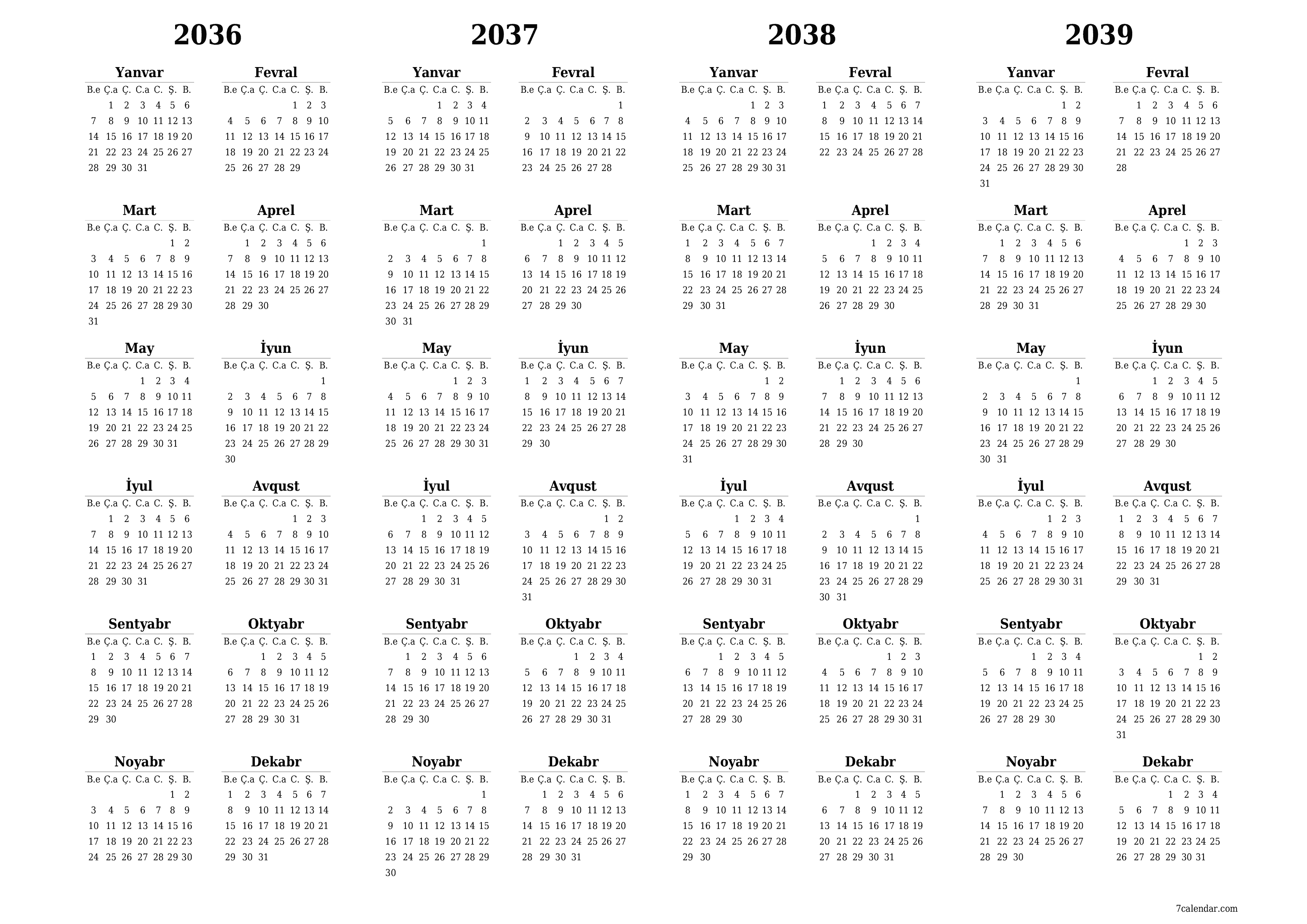 2036, 2037, 2038, 2039 ili üçün illik illik planlayıcı təqvim, qeydlər ilə boş saxlayın, qeyd edin və PDF-ə yazdırın PNG Azerbaijani