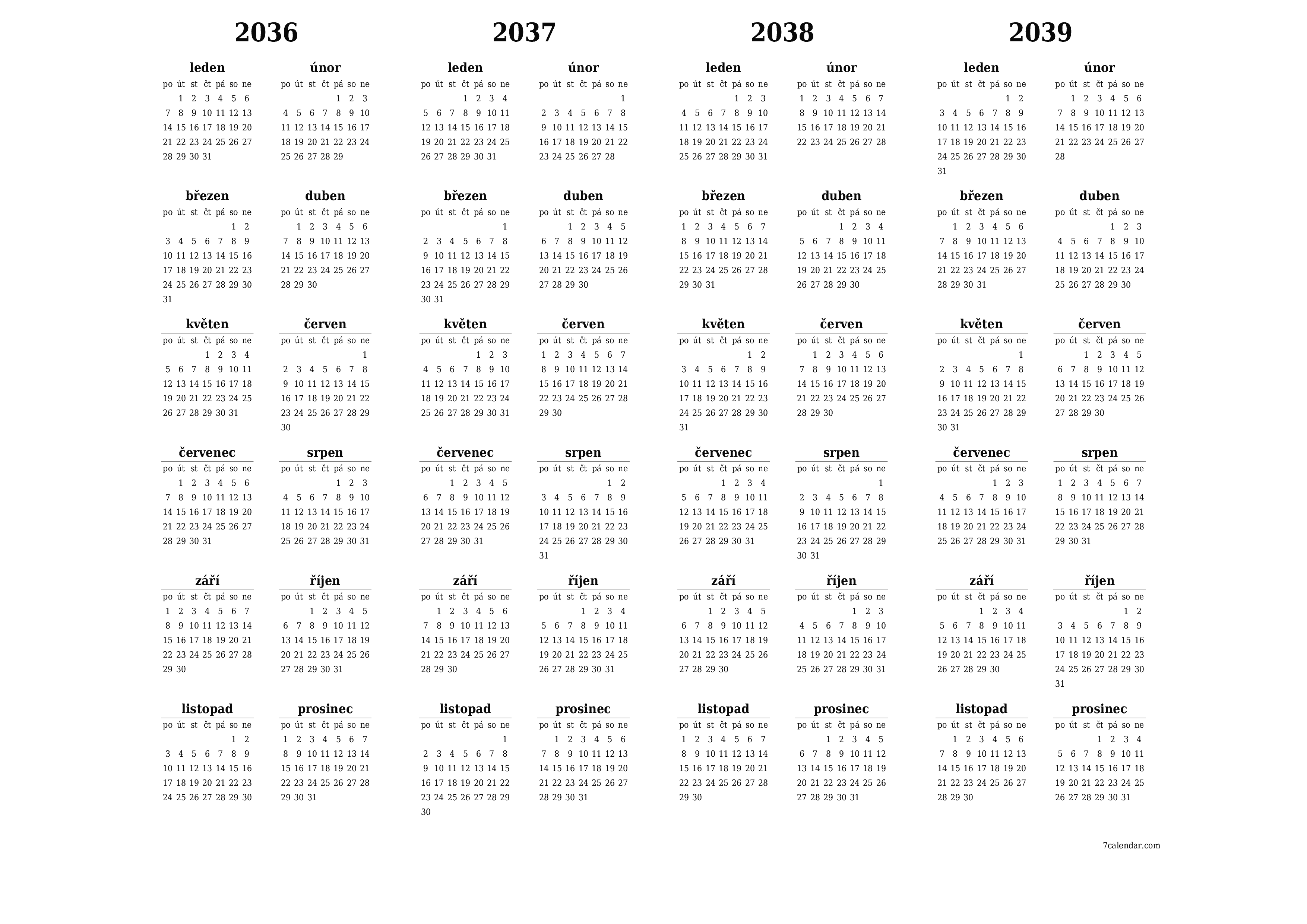 Prázdný roční kalendář plánovače pro rok 2036, 2037, 2038, 2039 s poznámkami, uložením a tiskem do PDF PNG Czech