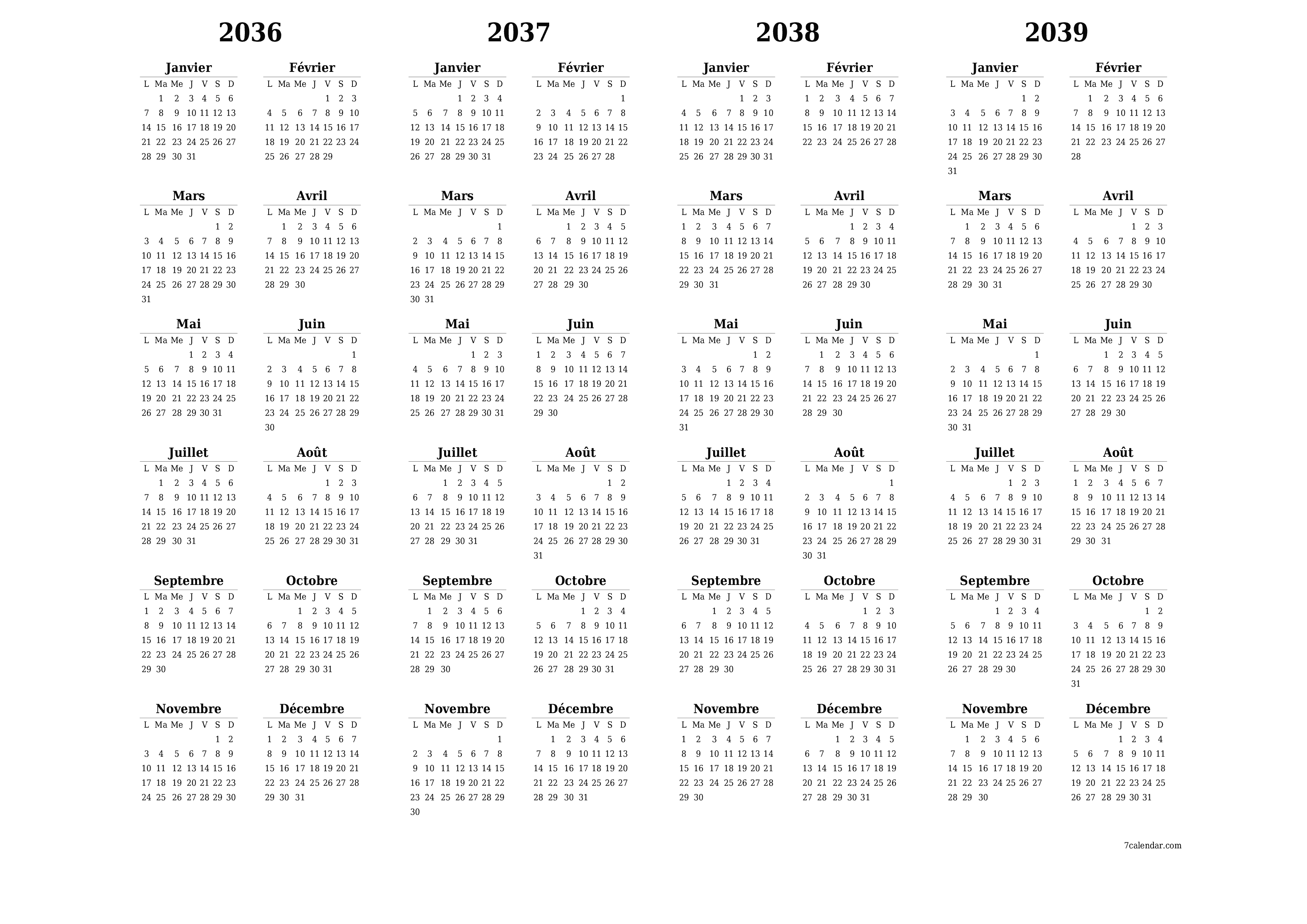 Calendrier annuel vide pour l'année 2036, 2037, 2038, 2039 avec notes, enregistrer et imprimer au format PDF PNG French