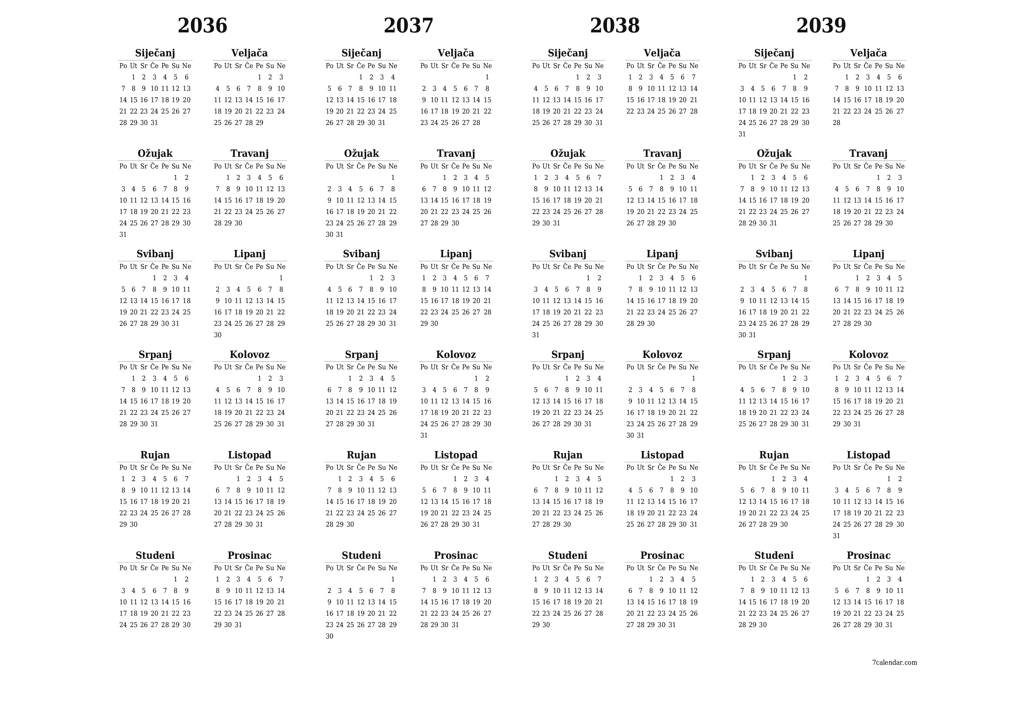 Ispraznite godišnji kalendar planera za godinu 2036, 2037, 2038, 2039 s bilješkama, spremite i ispišite u PDF PNG Croatian