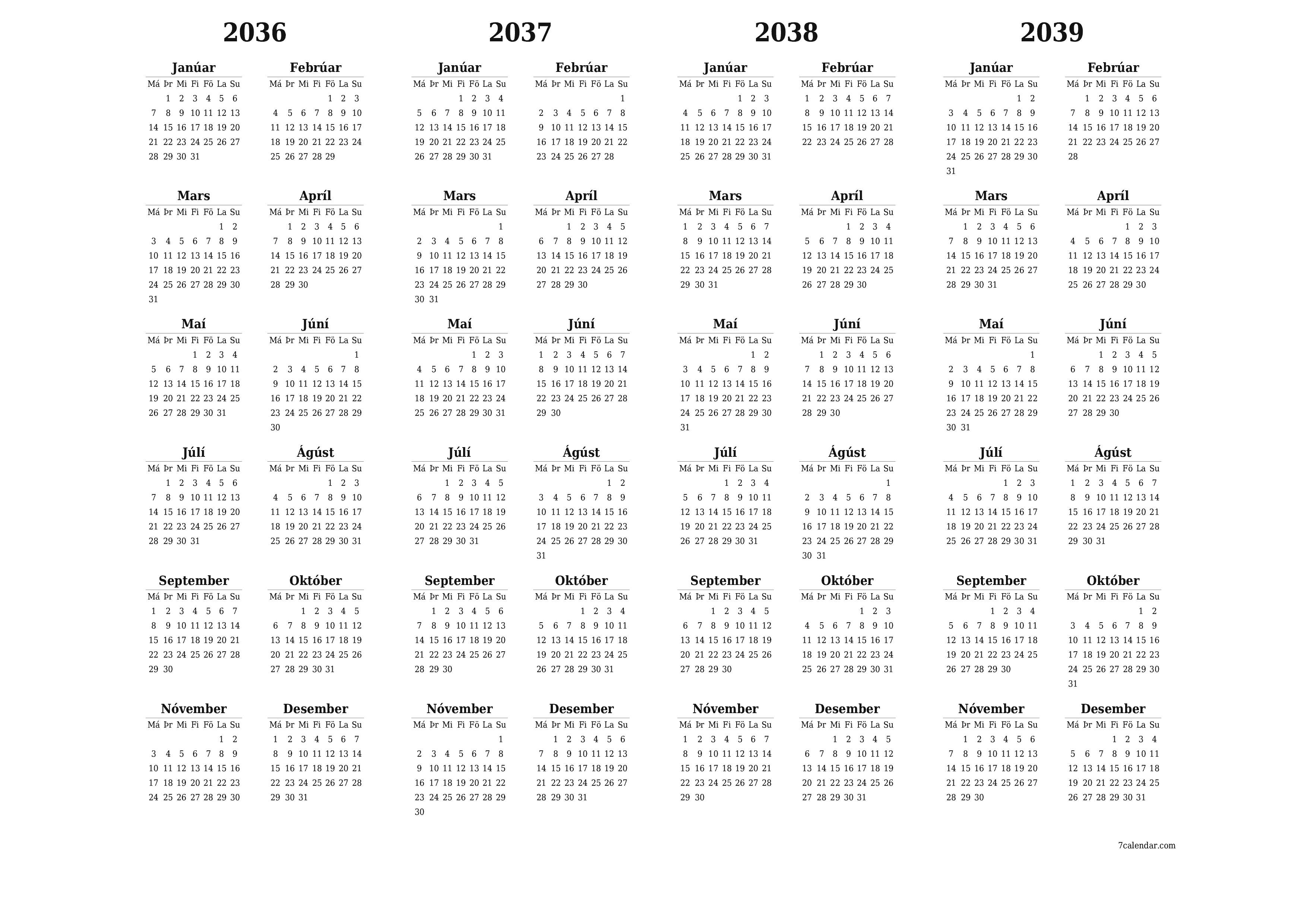 Tómt árlegt dagatal skipuleggjanda fyrir árið 2036, 2037, 2038, 2039 með athugasemdum, vista og prenta á PDF PNG Icelandic