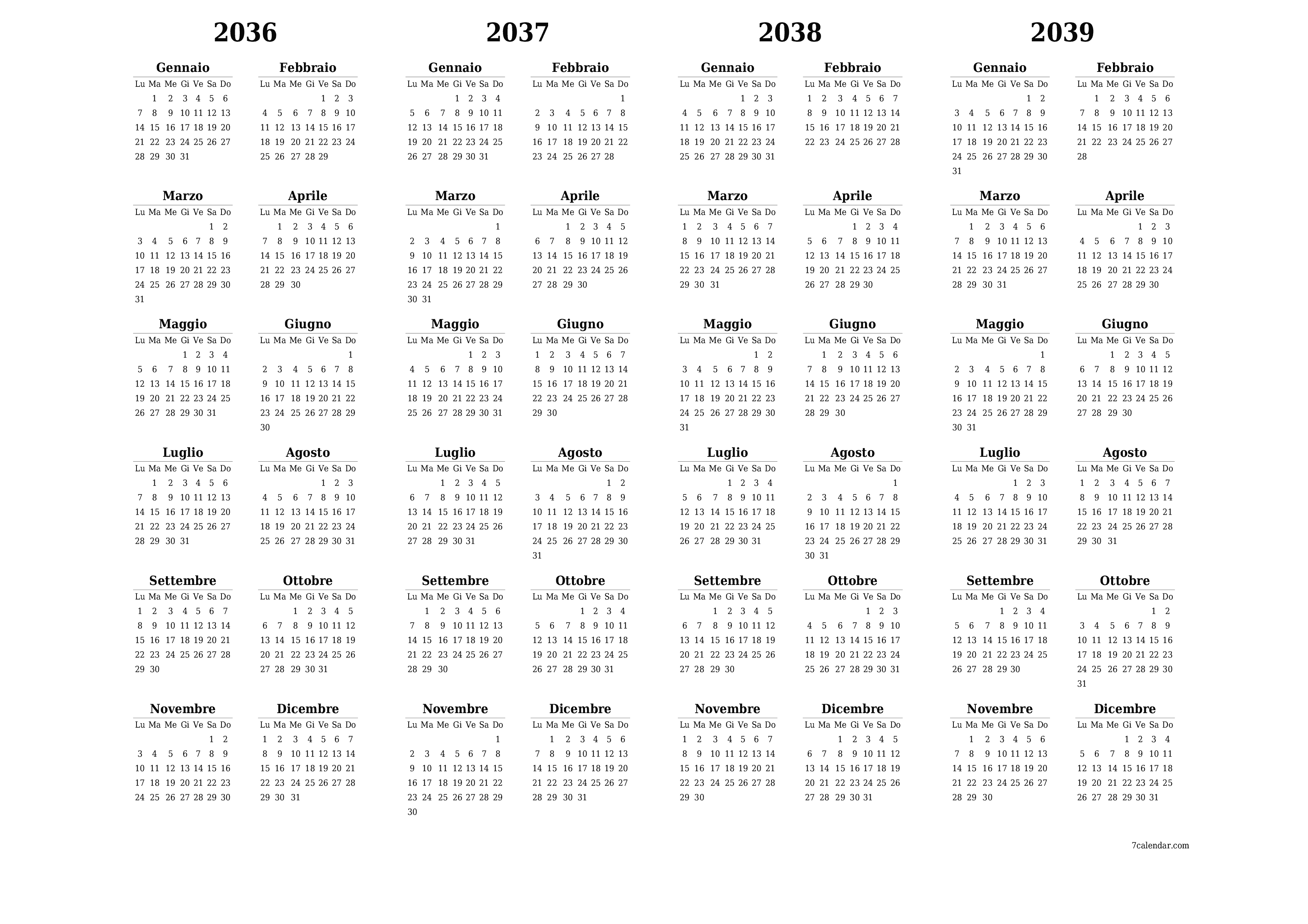 Calendario pianificatore annuale vuoto per l'anno 2036, 2037, 2038, 2039 con note, salva e stampa in PDF PNG Italian