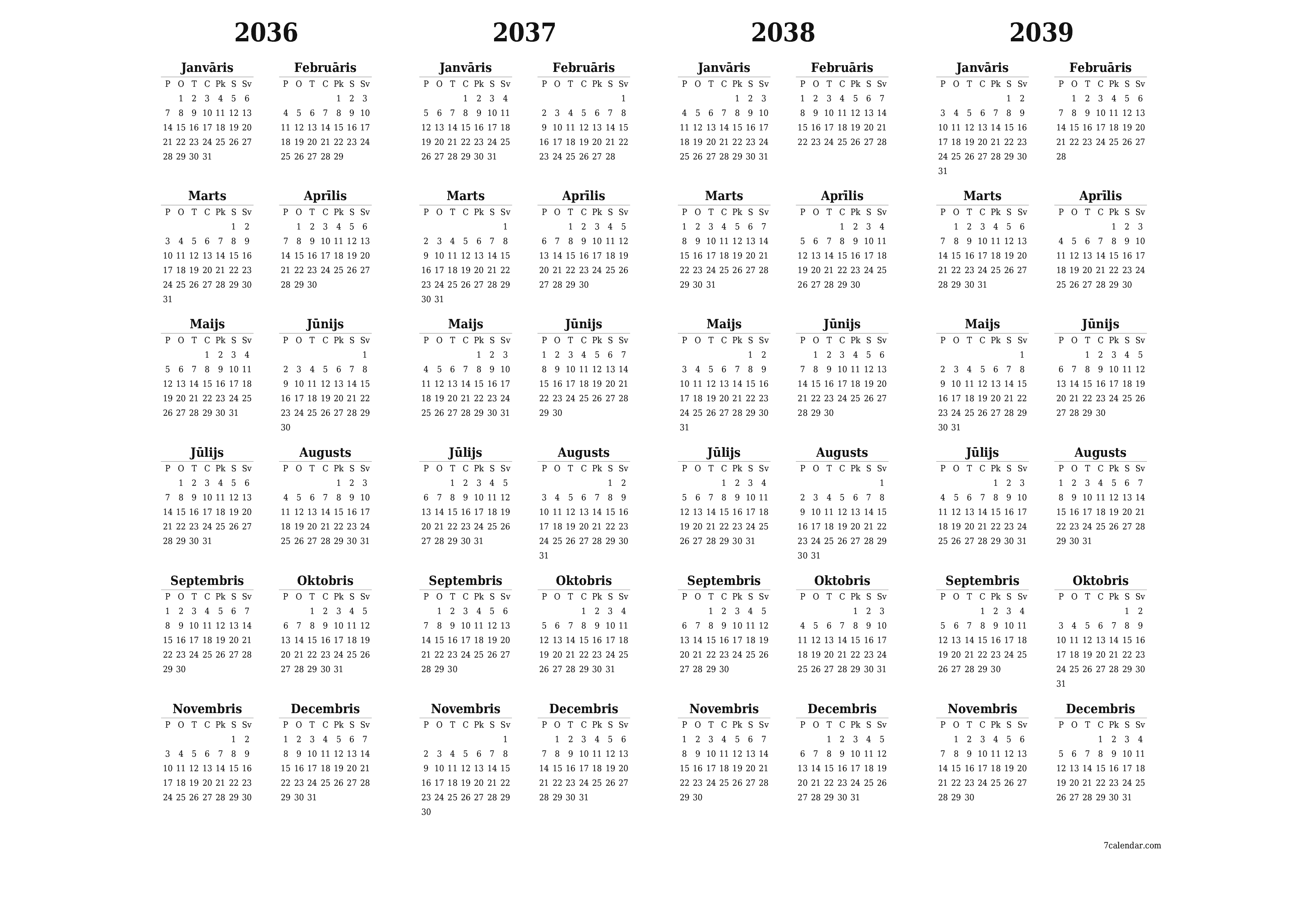 Tukšs gada plānotāja kalendārs gadam 2036, 2037, 2038, 2039 ar piezīmēm, saglabāšana un izdrukāšana PDF formātā PNG Latvian