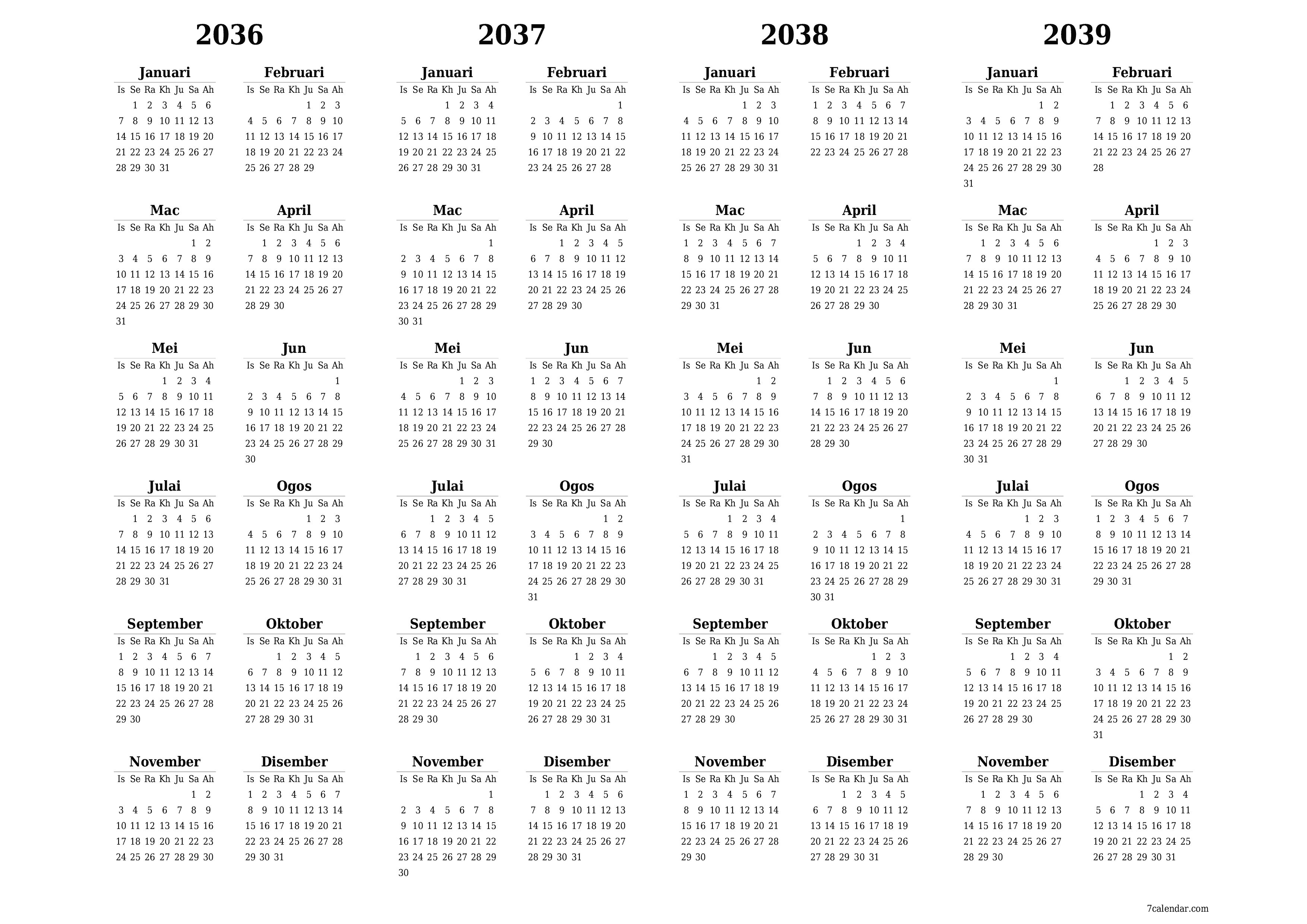 Kalendar perancang tahunan kosong untuk tahun ini 2036, 2037, 2038, 2039 dengan nota, simpan dan cetak ke PDF PNG Malay