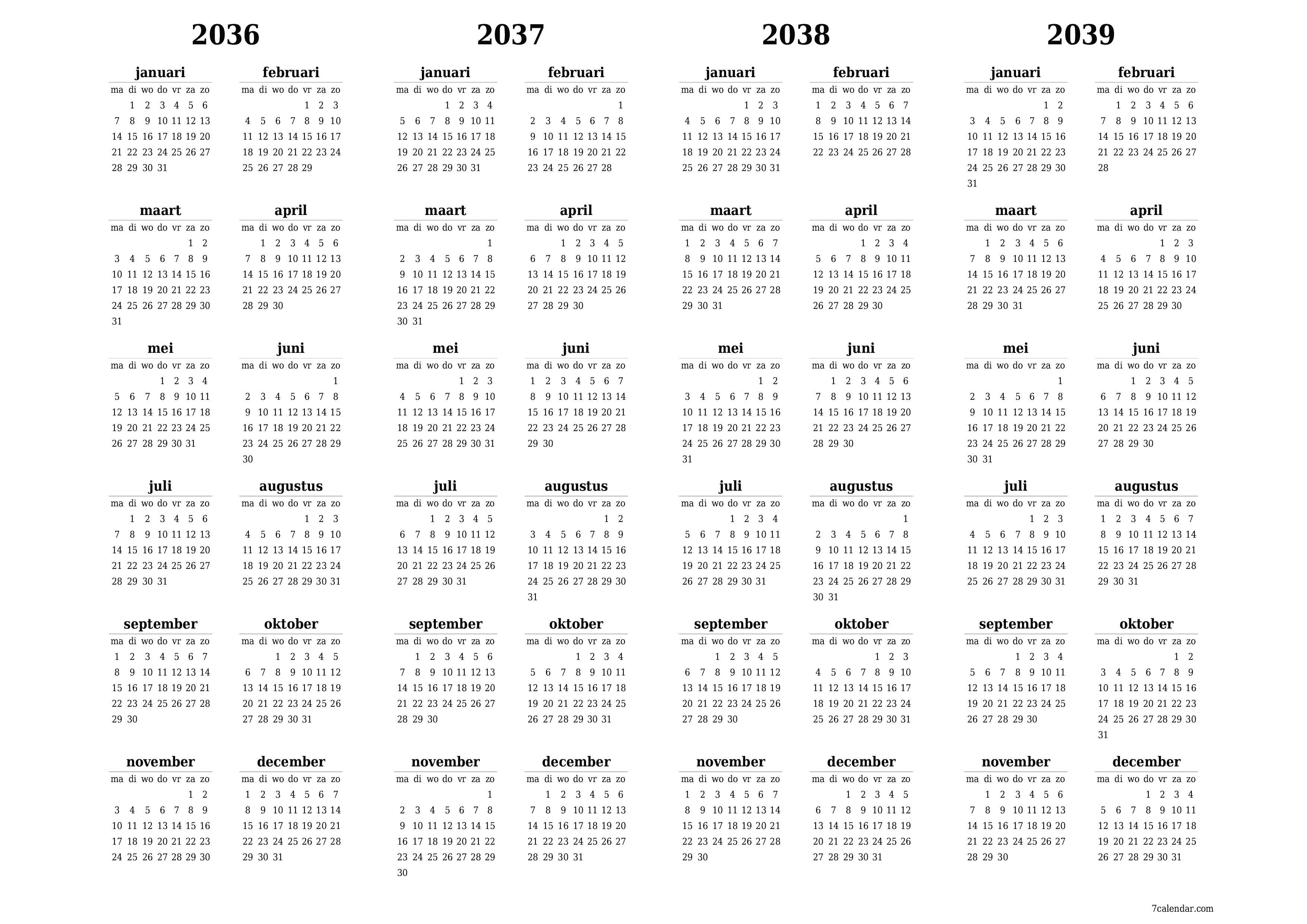 Lege jaarplanningskalender voor het jaar 2036, 2037, 2038, 2039 met notities, opslaan en afdrukken naar pdf PNG Dutch