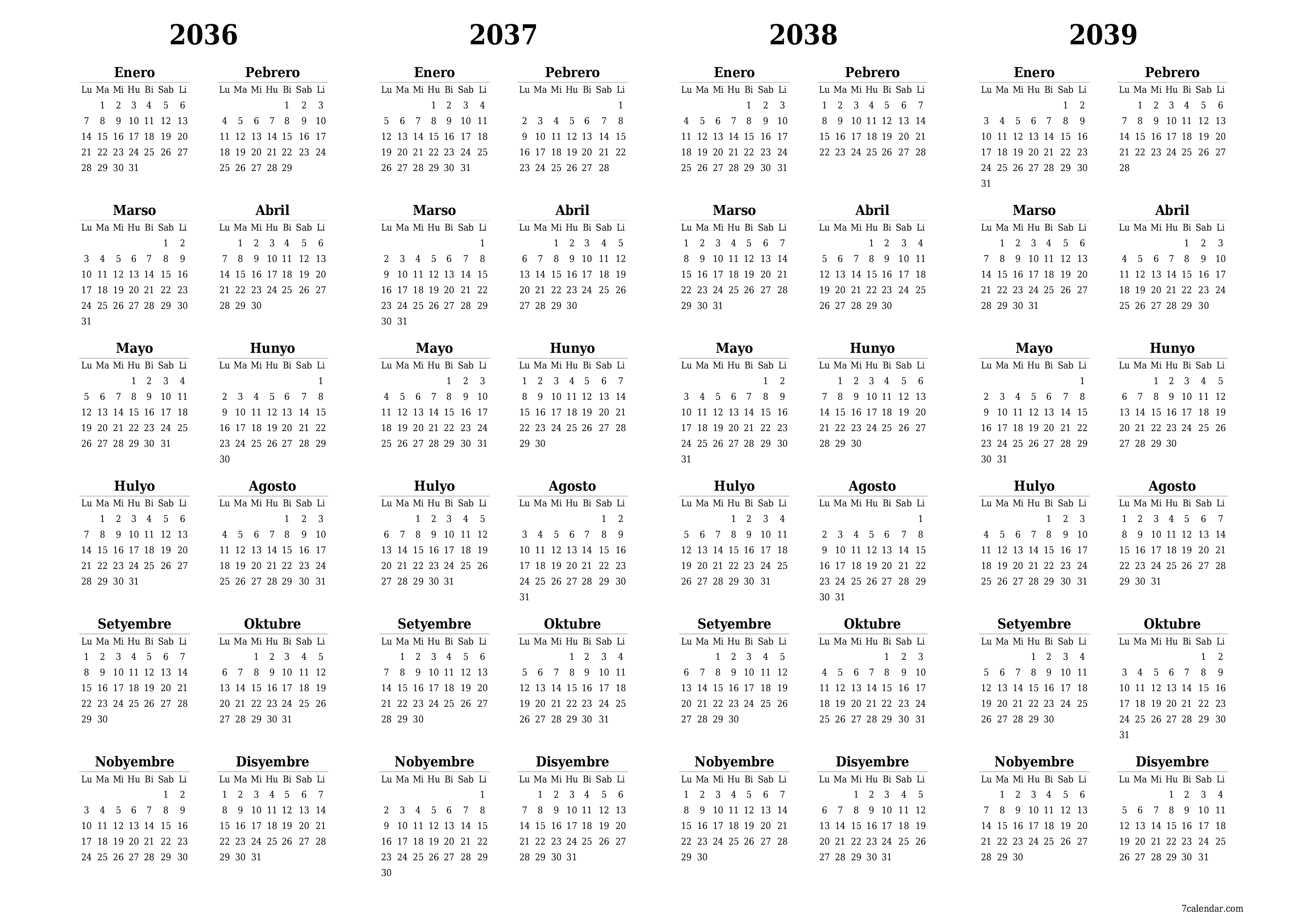 Walang laman ang taunang kalendaryo ng tagaplano para sa taong 2036, 2037, 2038, 2039 na may mga tala, i-save at i-print sa PDF PNG Filipino