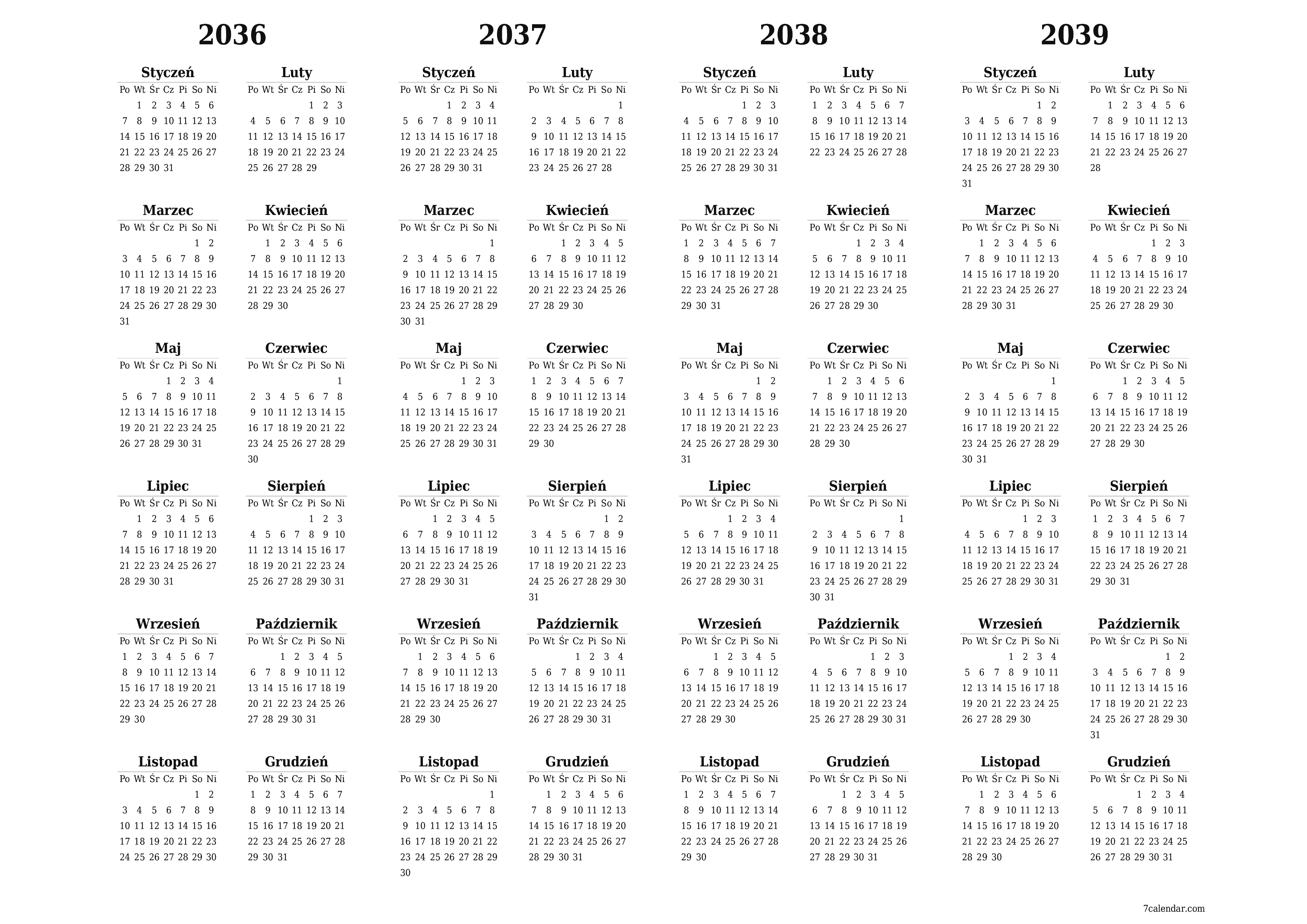 Opróżnij kalendarz rocznego planowania na rok 2036, 2037, 2038, 2039 z notatkami, zapisz i wydrukuj w formacie PDF PNG Polish