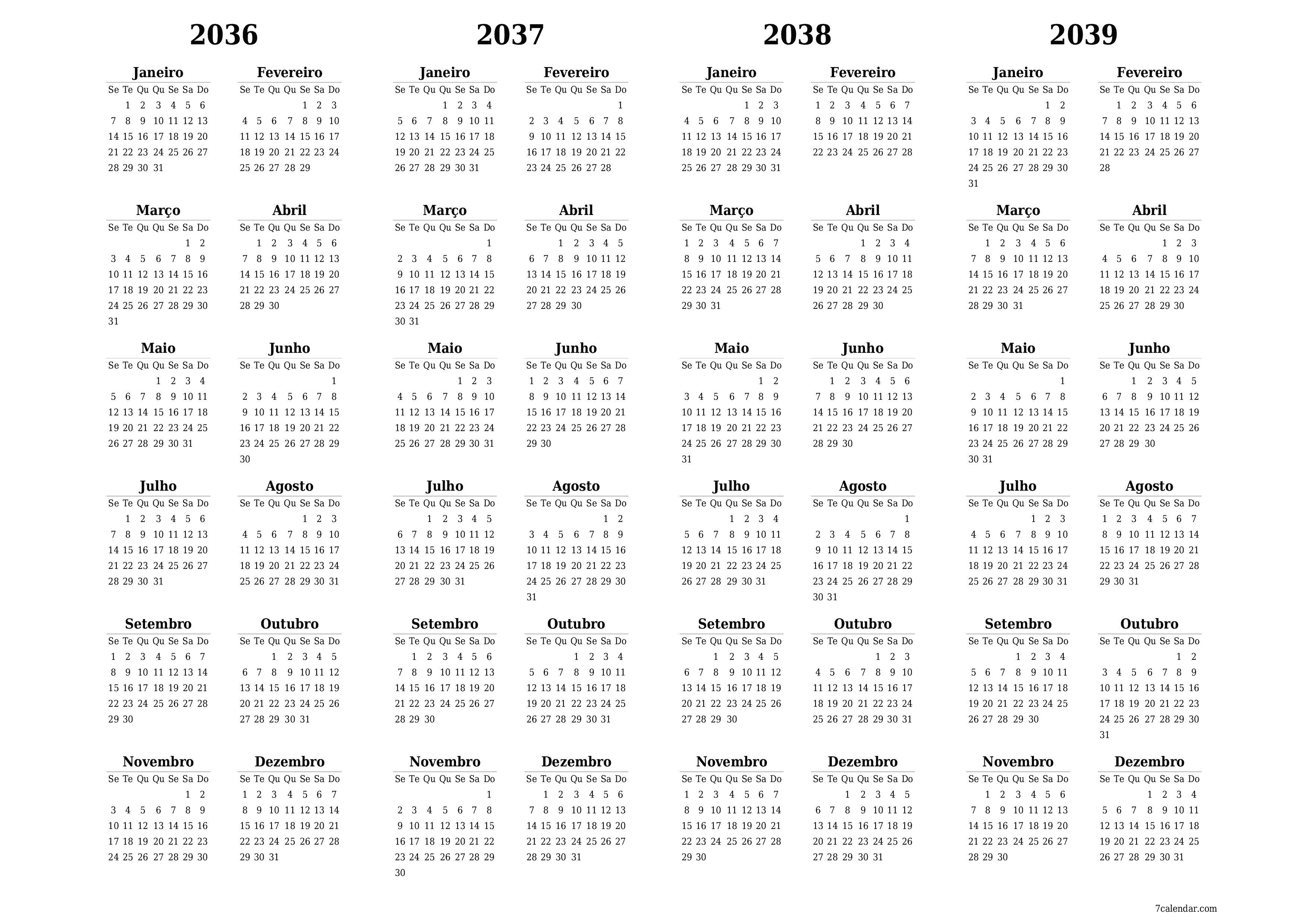 Calendário de planejador anual vazio para o ano 2036, 2037, 2038, 2039 com notas, salve e imprima em PDF PNG Portuguese