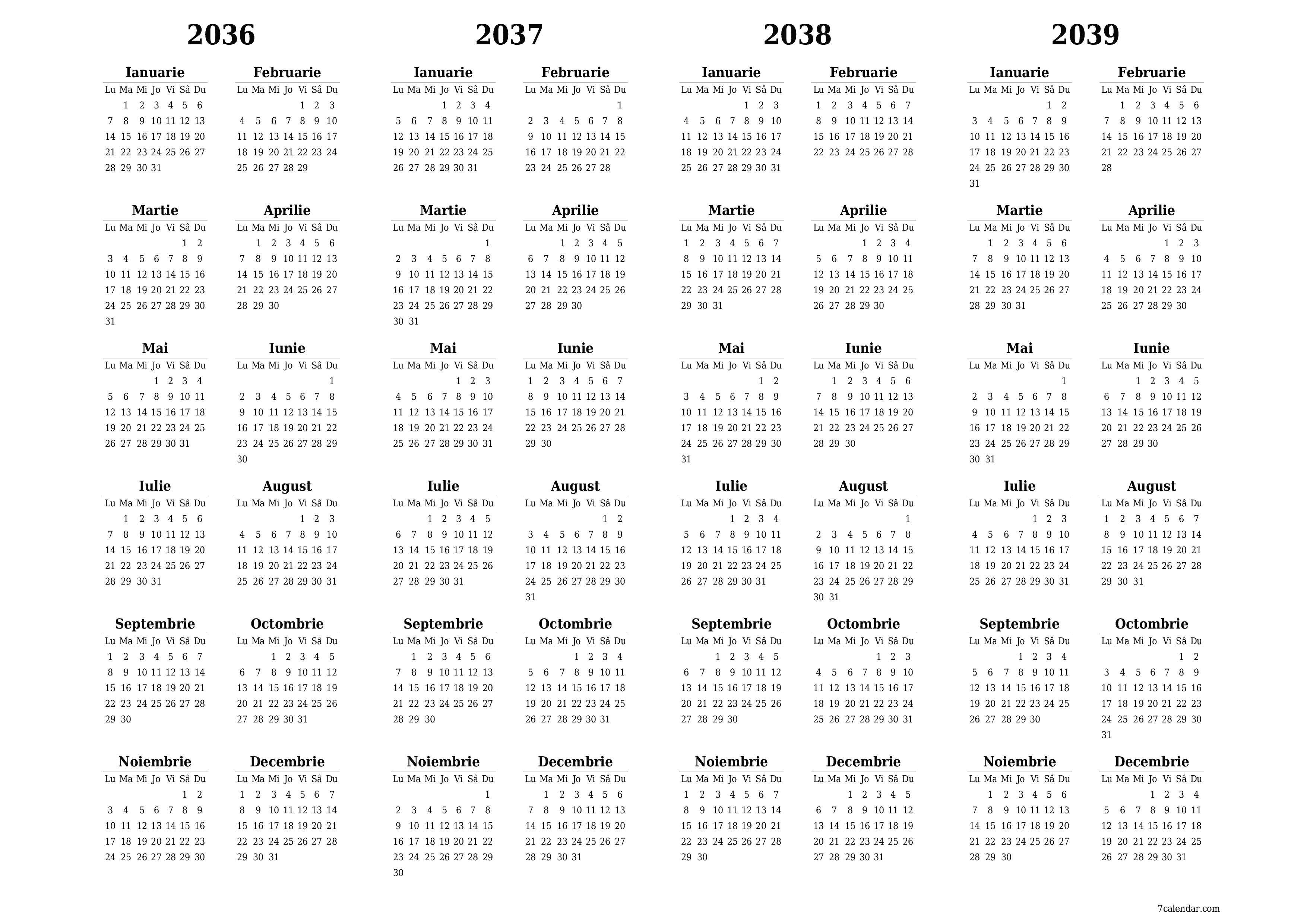 Goliți calendarul anual al planificatorului pentru anul 2036, 2037, 2038, 2039 cu note, salvați și tipăriți în PDF PNG Romanian