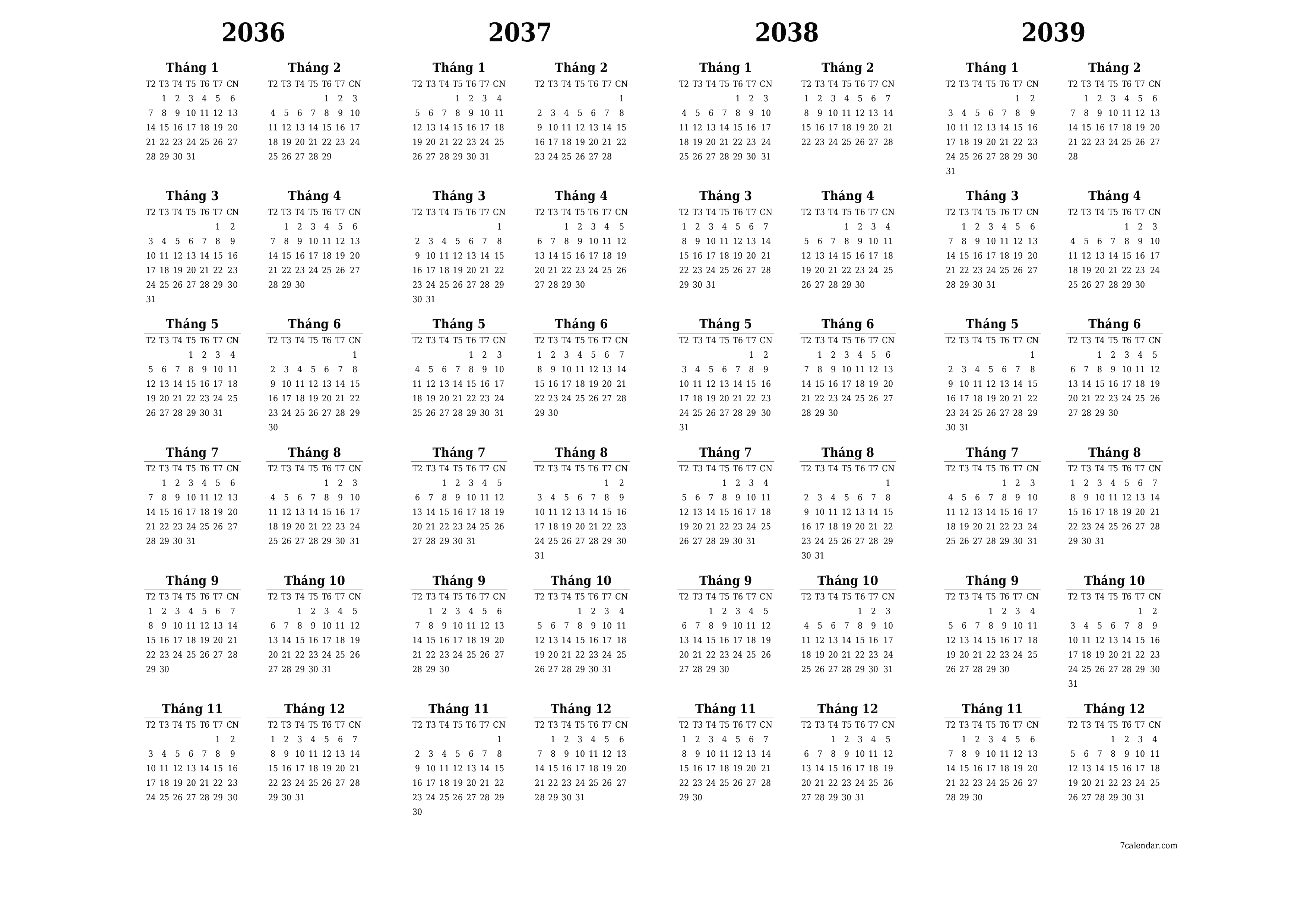 Lịch kế hoạch hàng năm trống cho năm 2036, 2037, 2038, 2039 có ghi chú, lưu và in sang PDF PNG Vietnamese