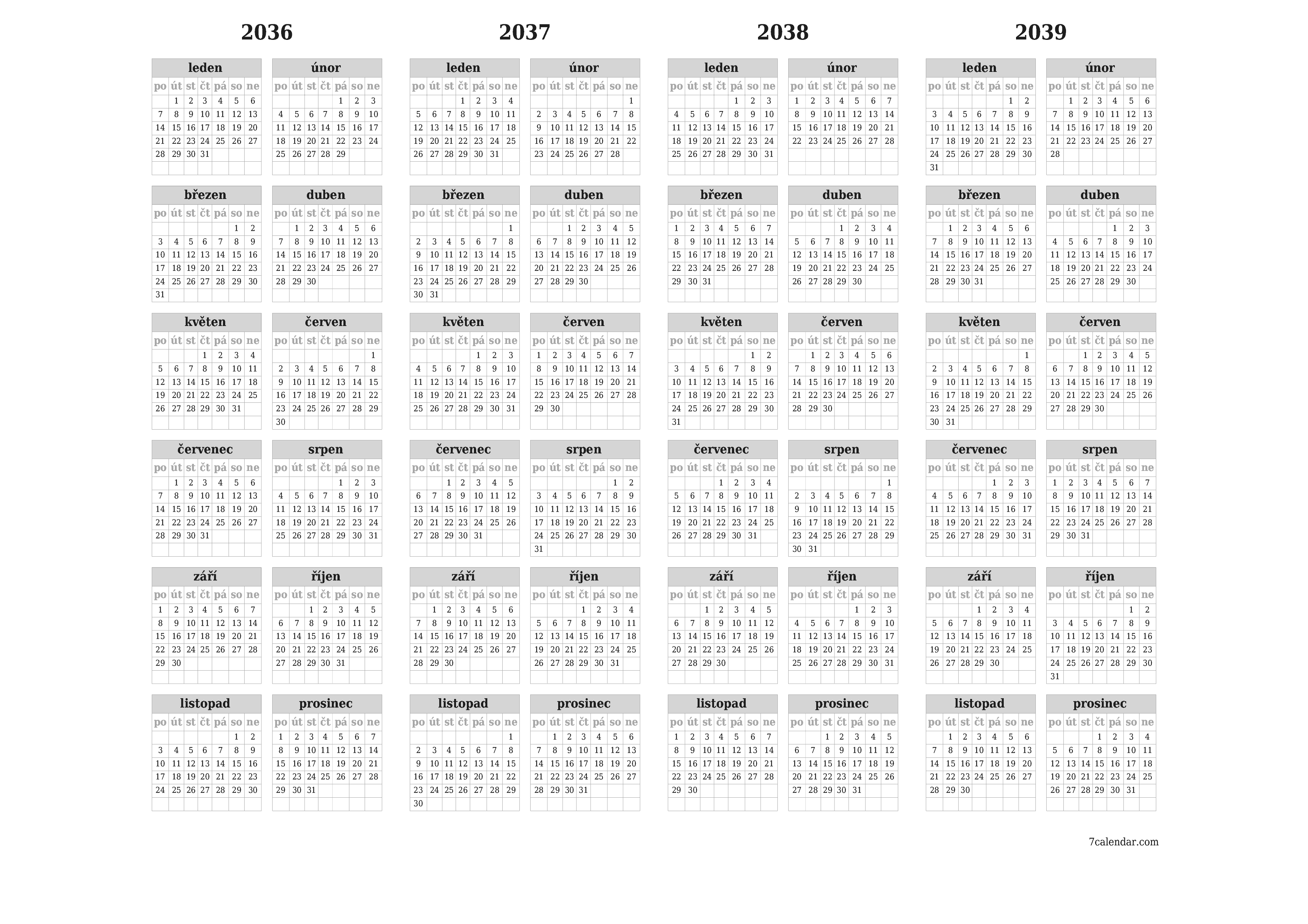 Prázdný roční kalendář plánovače pro rok 2036, 2037, 2038, 2039 s poznámkami, uložením a tiskem do PDF PNG Czech