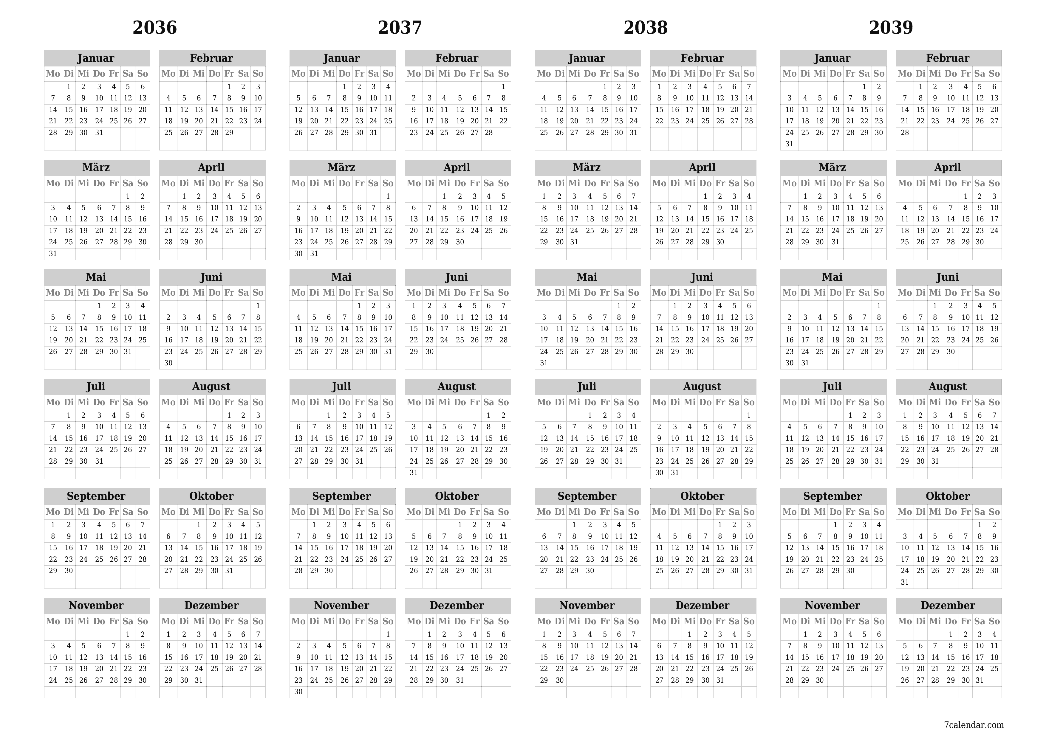 Jahresplanerkalender für das Jahr 2036, 2037, 2038, 2039 mit Notizen leeren, speichern und als PDF PNG German - 7calendar.com drucken