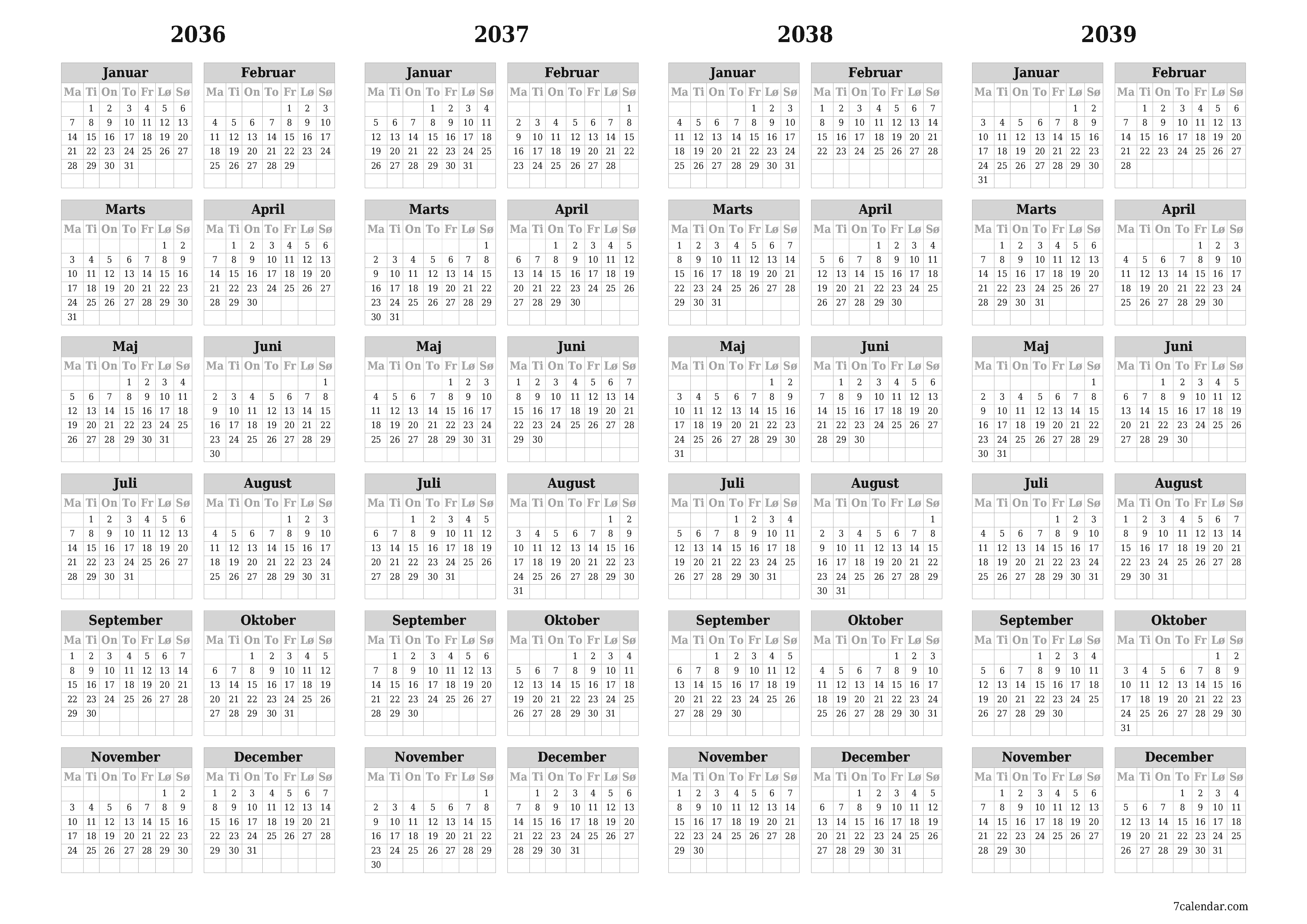 Tom årlig planlægningskalender for året 2036, 2037, 2038, 2039 med noter, gem og udskriv til PDF PNG Danish