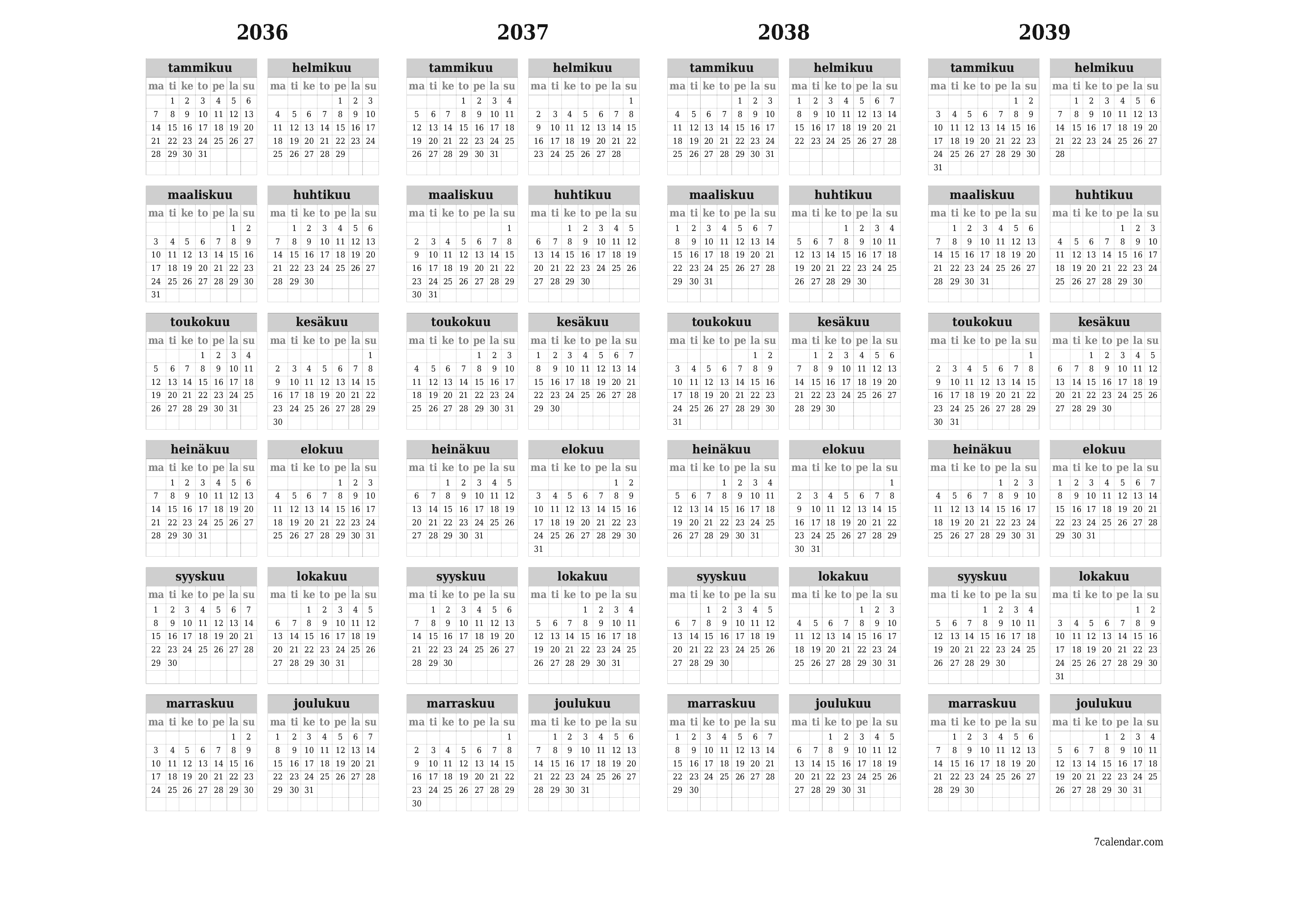 Tyhjä vuosisuunnittelukalenteri vuodelle 2036, 2037, 2038, 2039 muistiinpanoilla, tallenna ja tulosta PDF-muotoon PNG Finnish