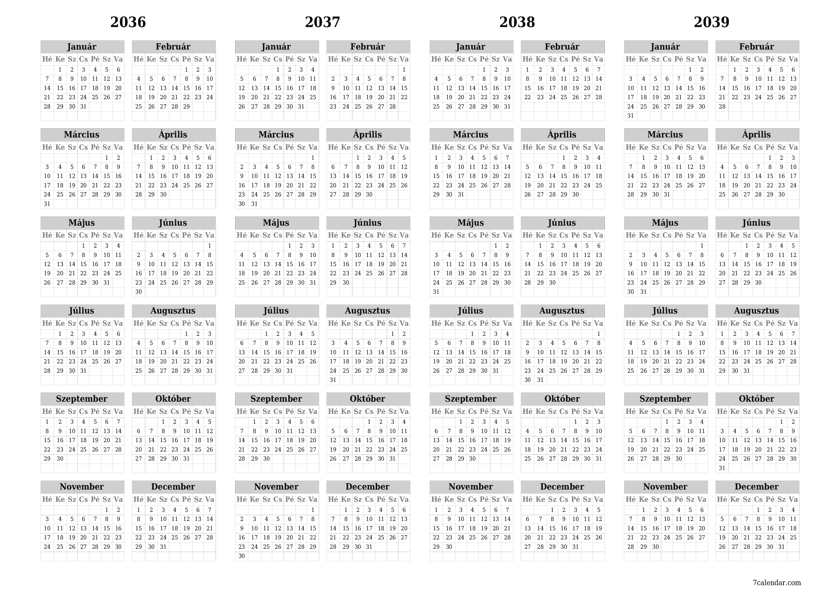 Üres éves tervezői naptár az évre 2036, 2037, 2038, 2039 jegyzetekkel, mentés és nyomtatás PDF-be PNG Hungarian