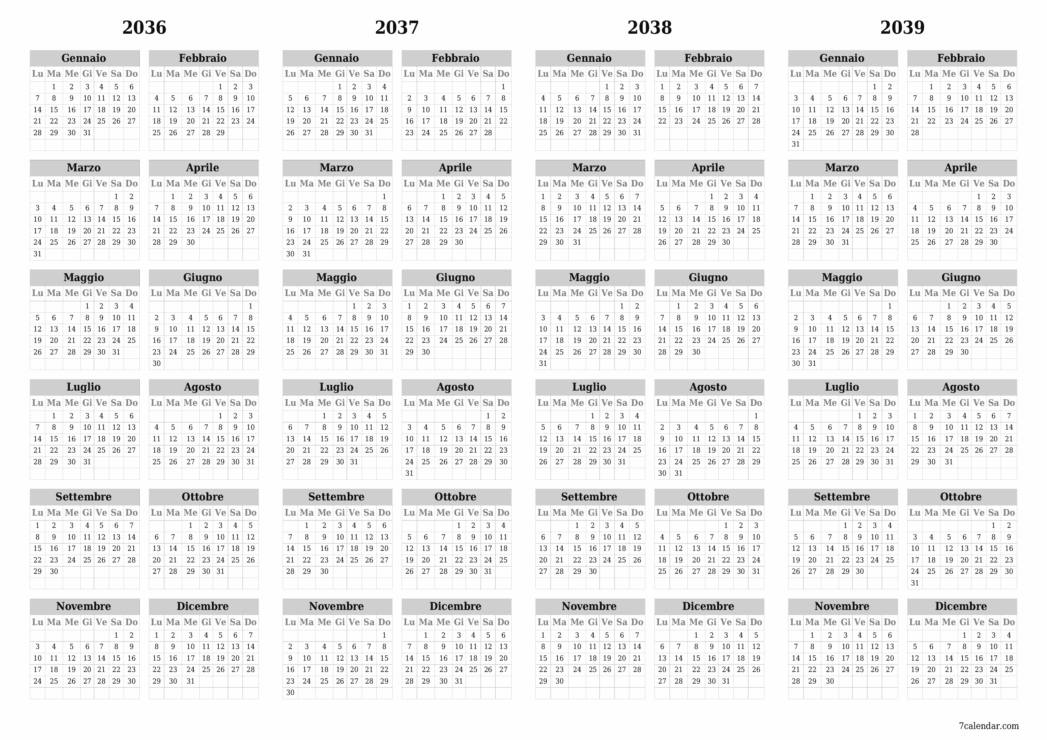Calendario pianificatore annuale vuoto per l'anno 2036, 2037, 2038, 2039 con note, salva e stampa in PDF PNG Italian