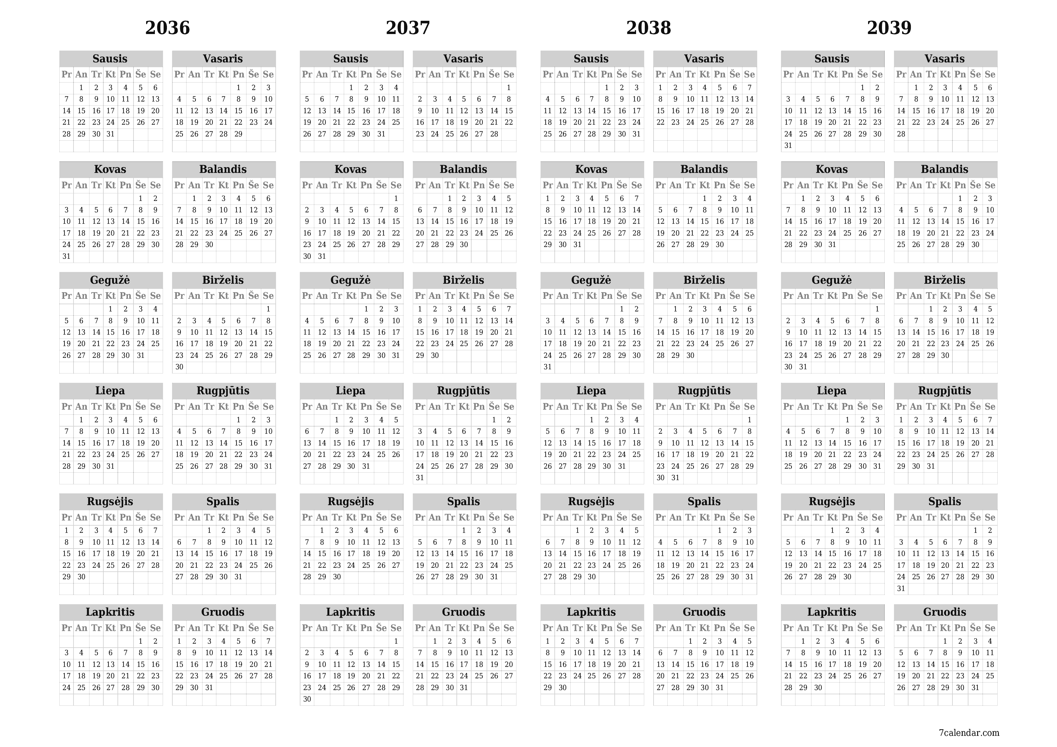 Tuščias metų planavimo kalendorius 2036, 2037, 2038, 2039 su užrašais, išsaugokite ir atsispausdinkite PDF formatu PNG Lithuanian